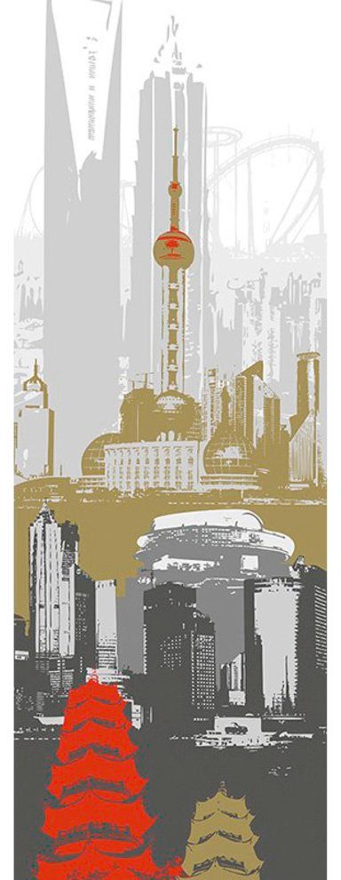 Architects Paper Fototapete Shanghai, (1 St), Grafik Tapete Shanghai Schwarz Weiß Gold Rot Panel 1,00m x 2,80m