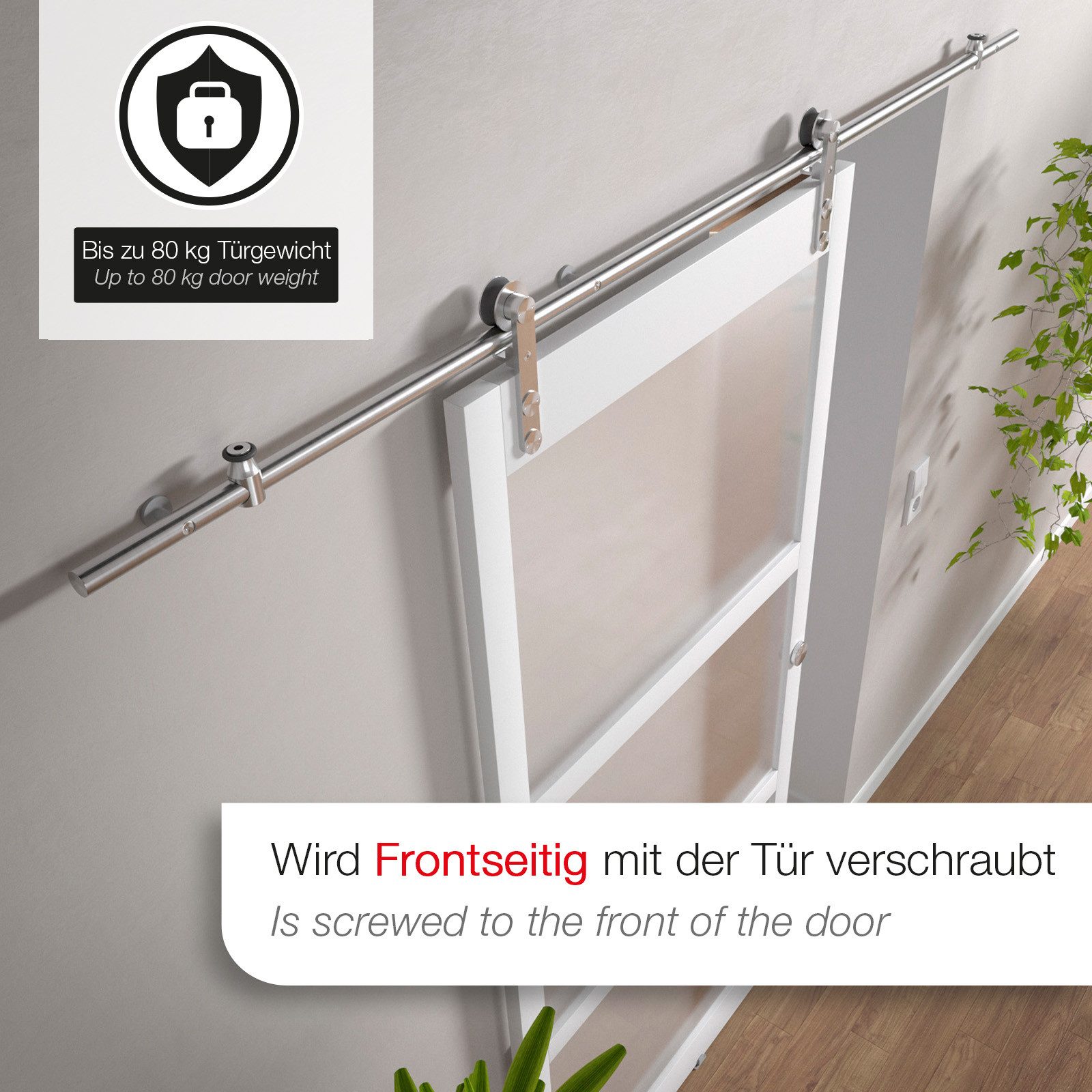 SO-TECH® Schiebetür Beschlag-Set, Edelstahl, mit Türstopper & Bodenführung (1-St), seitlich anschraubbar, inkl. Fischer-Dübel
