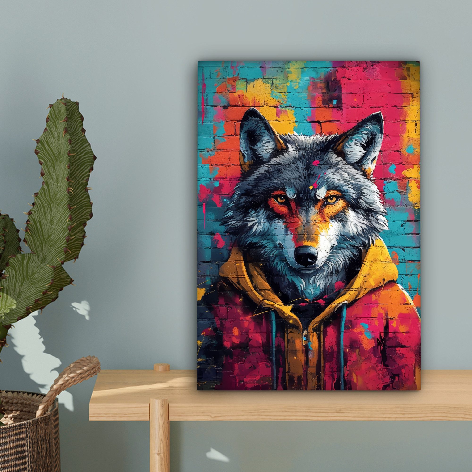 OneMillionCanvasses® Leinwandbild Graffiti - Wolf - Straßenkunst - Blau, Fotodruck (1 St), Wandbild, Deko Schlafzimmer Wohnzimmer Flur 20x20 cm – Bild 3 von 5