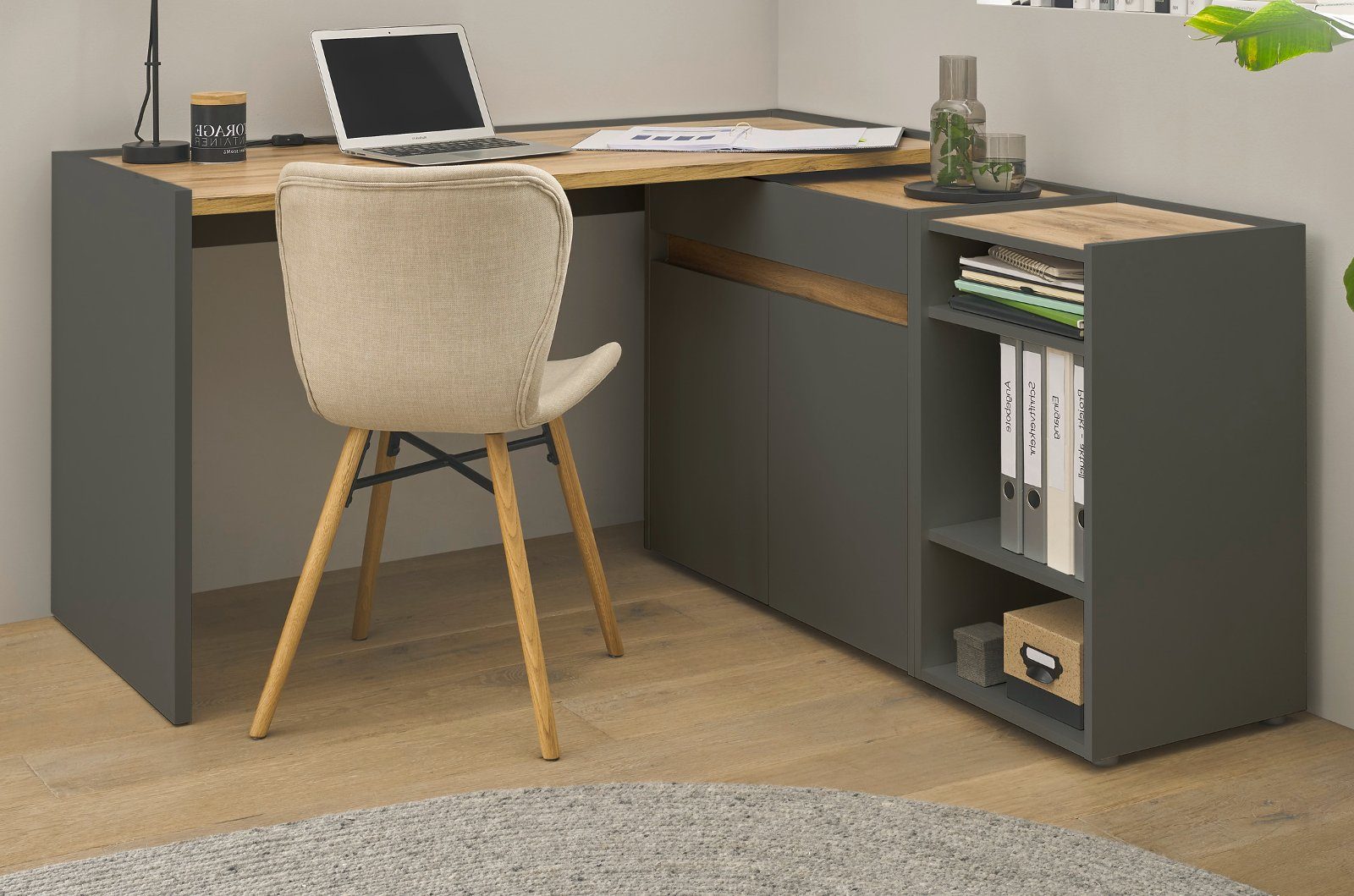 Furn.Design Schreibtisch Center (in matt Wotan Container Eiche, Kommode), mit mit Stauraum und viel grau