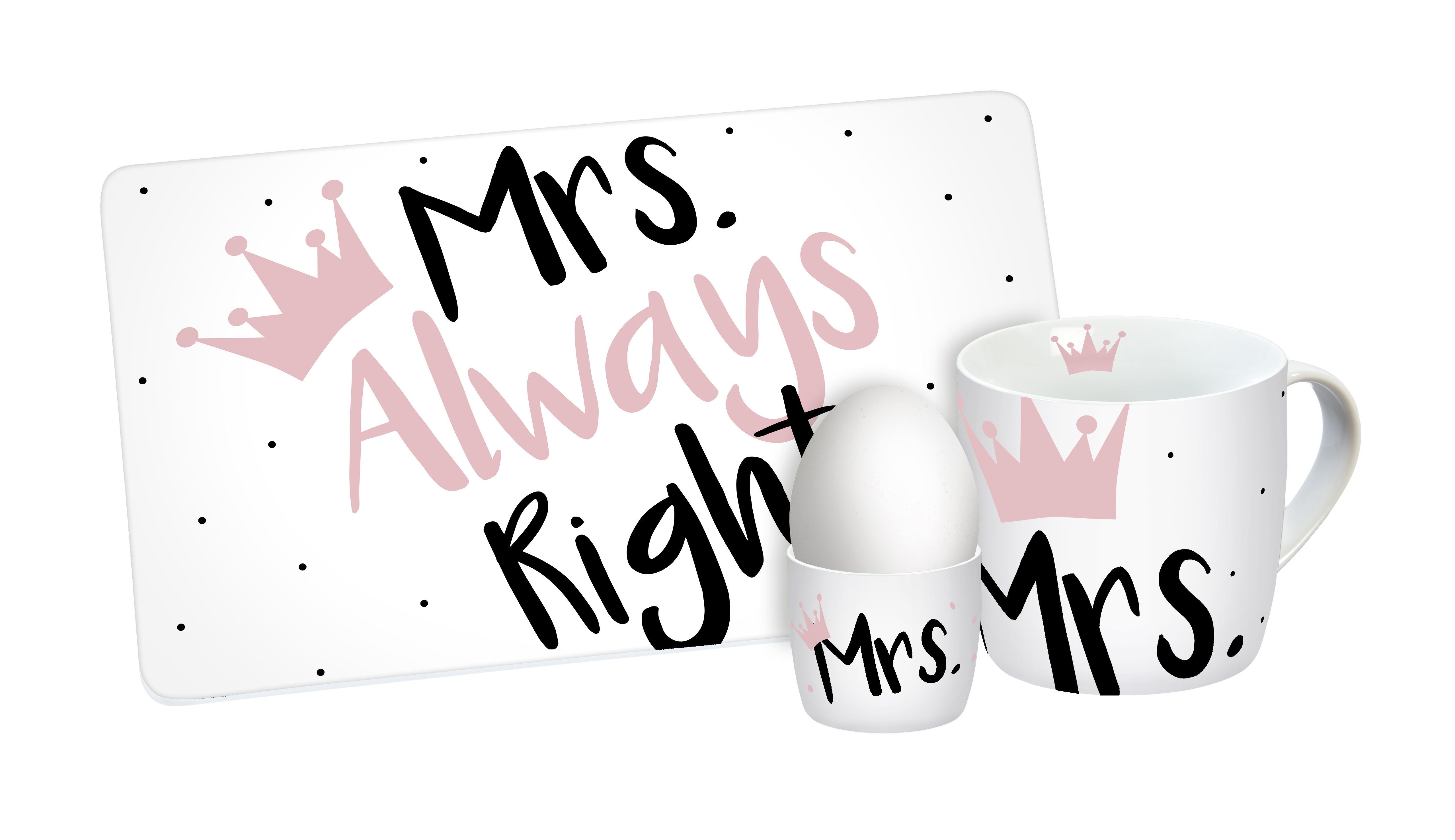 Geda Labels GmbH Frühstücks-Geschirrset Mrs. Always Right 3-teilig, 1 Personen, Porzellan/Melamin, Weiß, 24x9,8x14,5cm, spülmaschinengeeignet