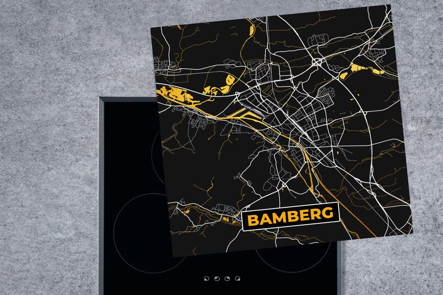 Vinyl, für Stadtplan Bamberg Gold 78x78 (1 Ceranfeldabdeckung, - - - - küche MuchoWow Karte Herdblende-/Abdeckplatte Deutschland, tlg), Arbeitsplatte cm,