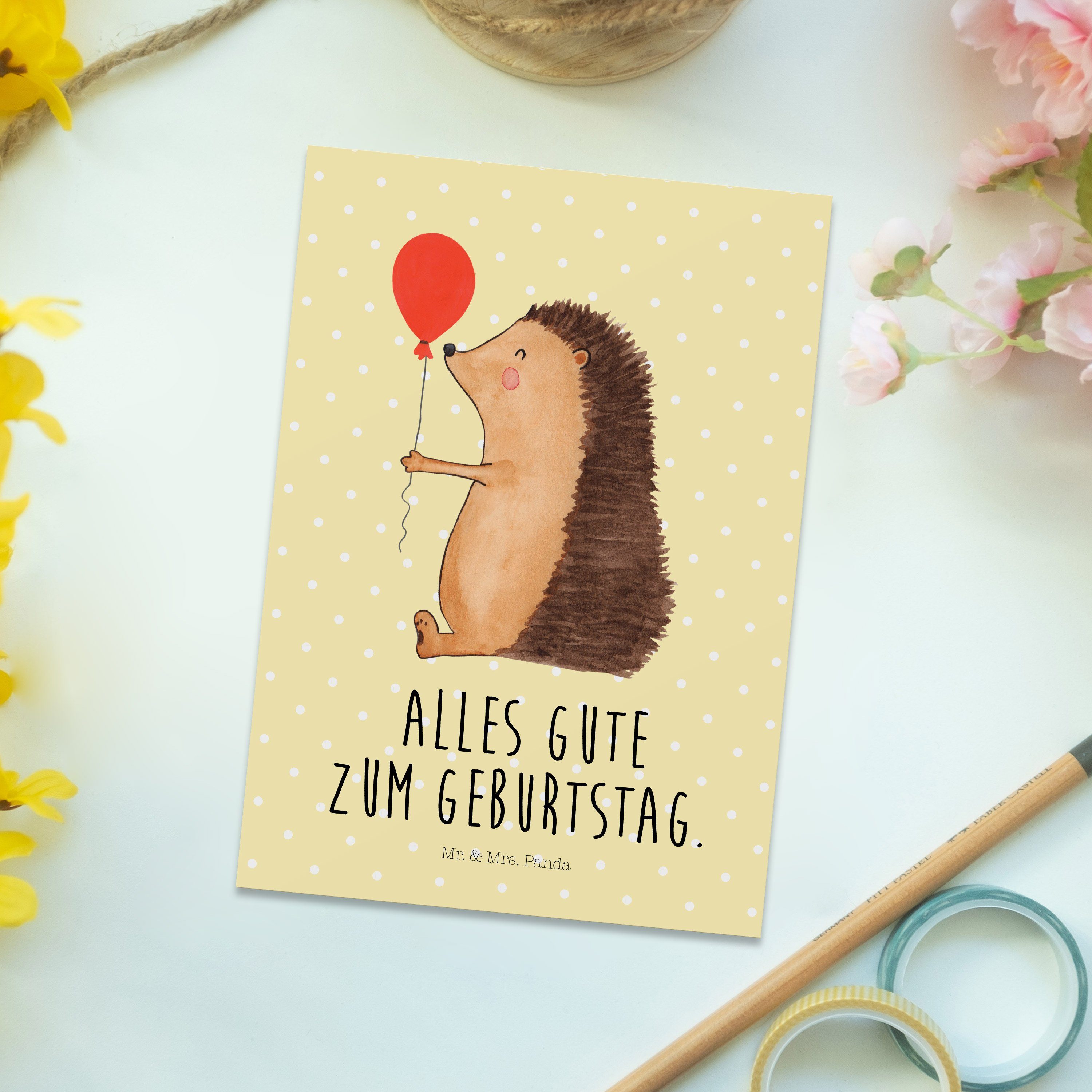 Mr. & Mrs. mit Pastell Luftballon Geschenk, Igel Herzlichen - Postkarte Panda Gute Gelb Laune, 