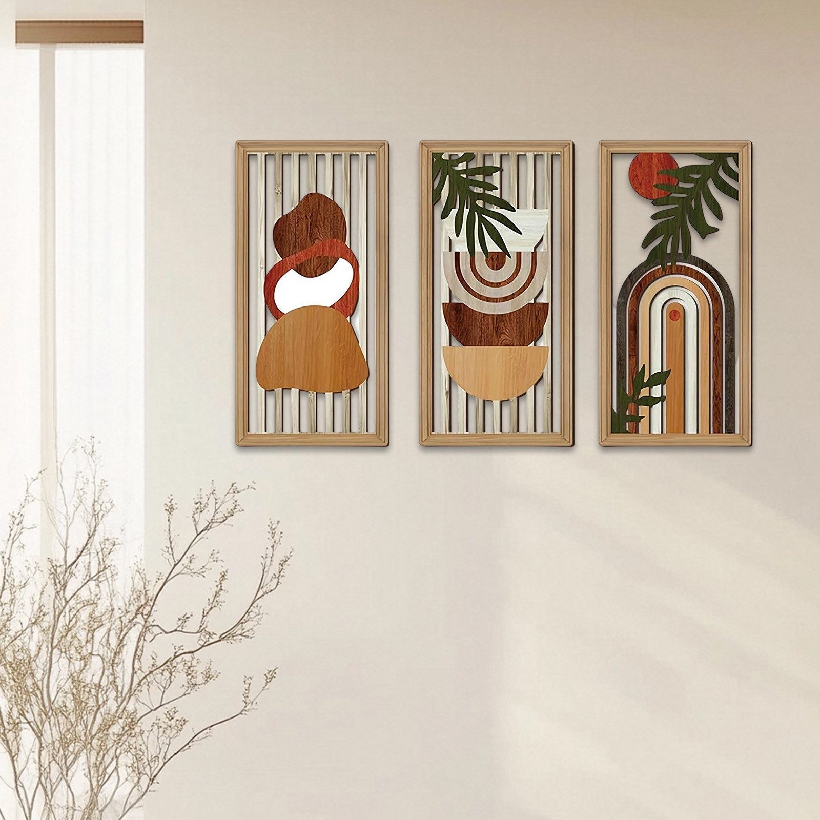 OKWISH Wanddekoobjekt 3er Boho Wandkunst Set Wanddeko Bild (Abstrakte Kunst, geometrische Formen, warme Erdtöne, 3 St., Wandbehang, moderne Wandgestaltung, Geschenkidee), für Wohnzimmer Schlafzimmer Büro Flur