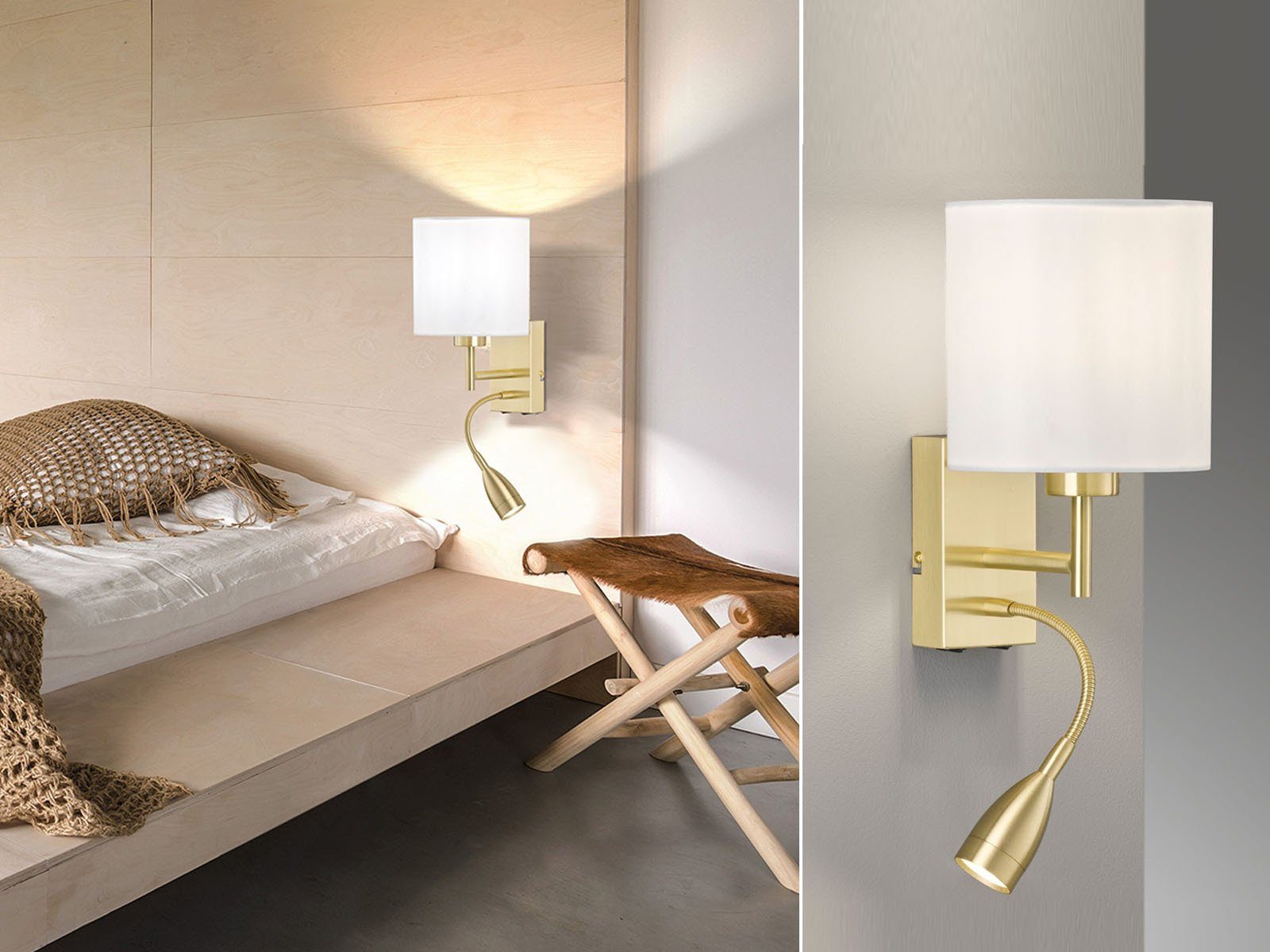 FISCHER & HONSEL LED Leselampe, LED wechselbar, LED fest integriert, Warmweiß, Wandleuchte innen Lampenschirm Stoff & Schalter, Bett-Lampe Nachttisch