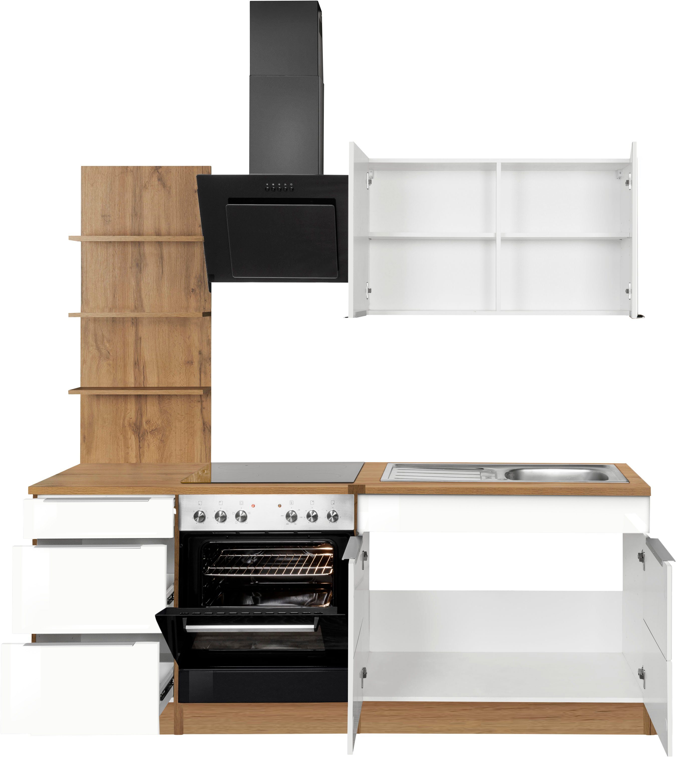 HELD MÖBEL Küchenzeile 210 mit weiß | wotaneichefarben cm Breite E-Geräten, Brindisi, Hochglanz/wotaneichefarbe