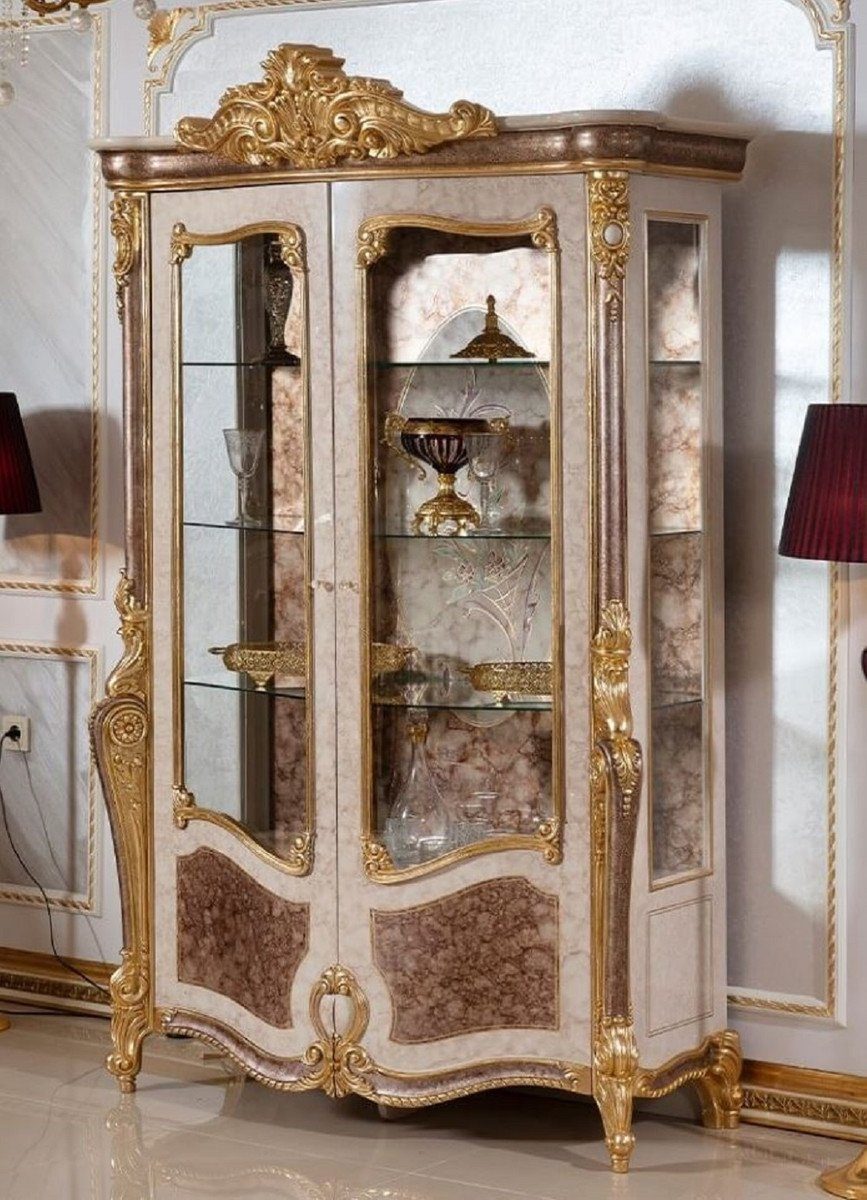 Casa Padrino Vitrine Luxus Barock Vitrine Weiß / Braun / Gold - Prunkvoller Massivholz Vitrinenschrank mit 2 Glastüren und 3 Glasregalen - Barock Möbel - Edel & Prunkvoll