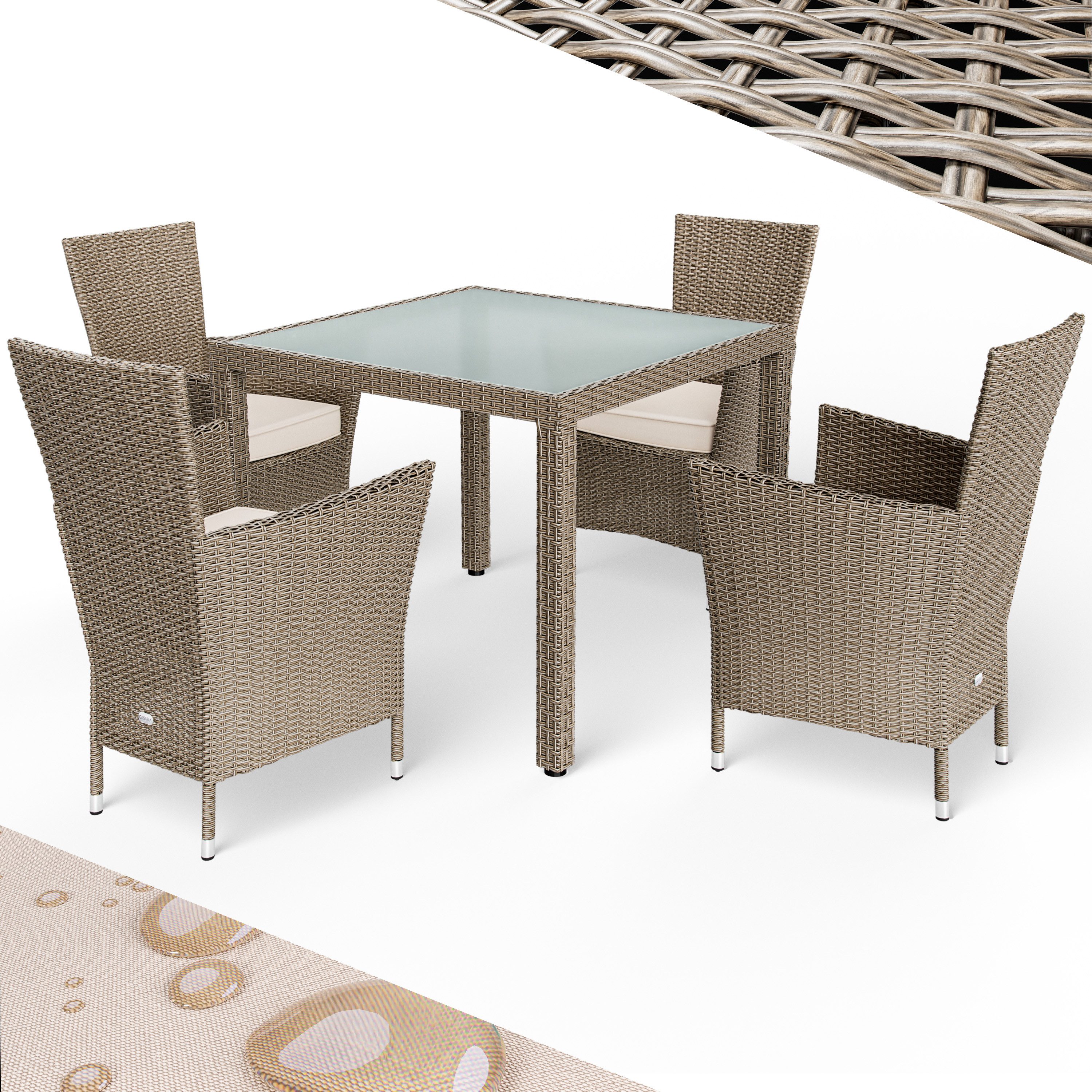 Casaria Garten-Essgruppe, (5-tlg), Polyrattan 4 Personen Wetterfest inkl. 7cm Auflagen Stühle Stapelbar