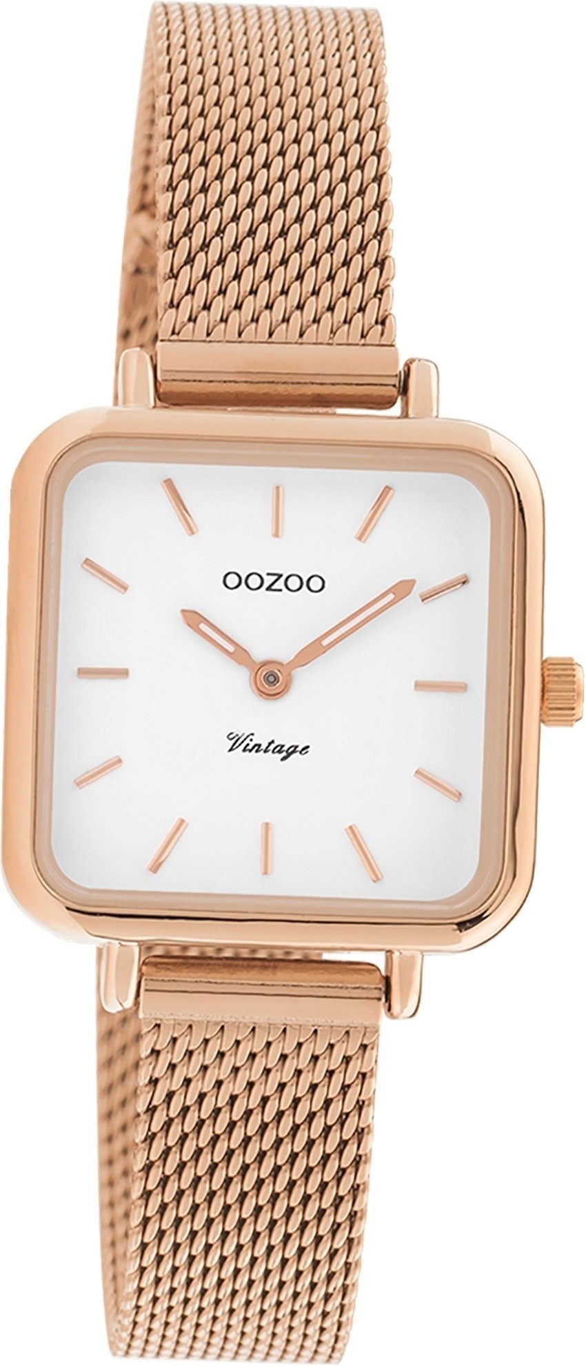 OOZOO Quarzuhr Oozoo Damen Armbanduhr Vintage Series, Damenuhr Metall, Mesharmband roségold, eckiges Gehäuse, groß (26x26mm)