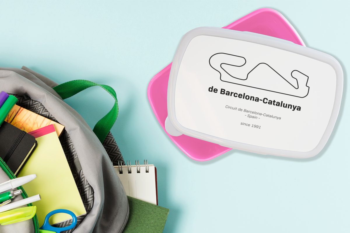 MuchoWow Lunchbox Formel - - Kinder, Barcelona, (2-tlg), für 1 Erwachsene, Brotbox Rennstrecke rosa Snackbox, Brotdose Kunststoff, Mädchen, Kunststoff