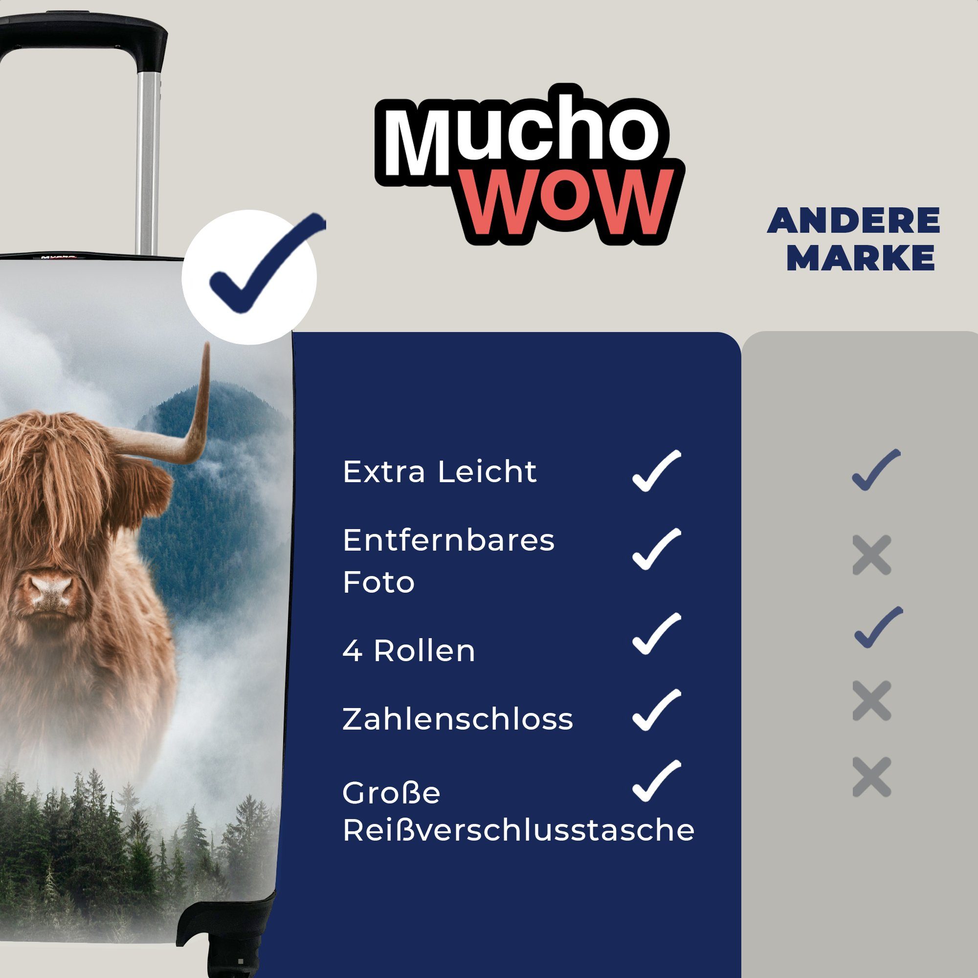 MuchoWow Handgepäckkoffer Schottischer Highlander - Ferien, Nebel - für mit Wald, Reisekoffer Reisetasche Handgepäck Rollen, 4 Trolley, rollen