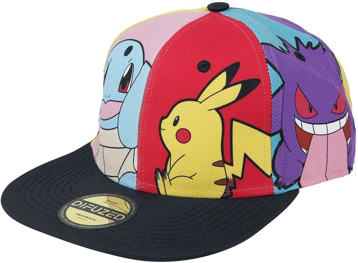 DIFUZED Snapback Cap Pokémon - Multi Pop Art Cap - mit Motiven von Pikachu, Enton, Schiggy, Pummeluff und Gengar