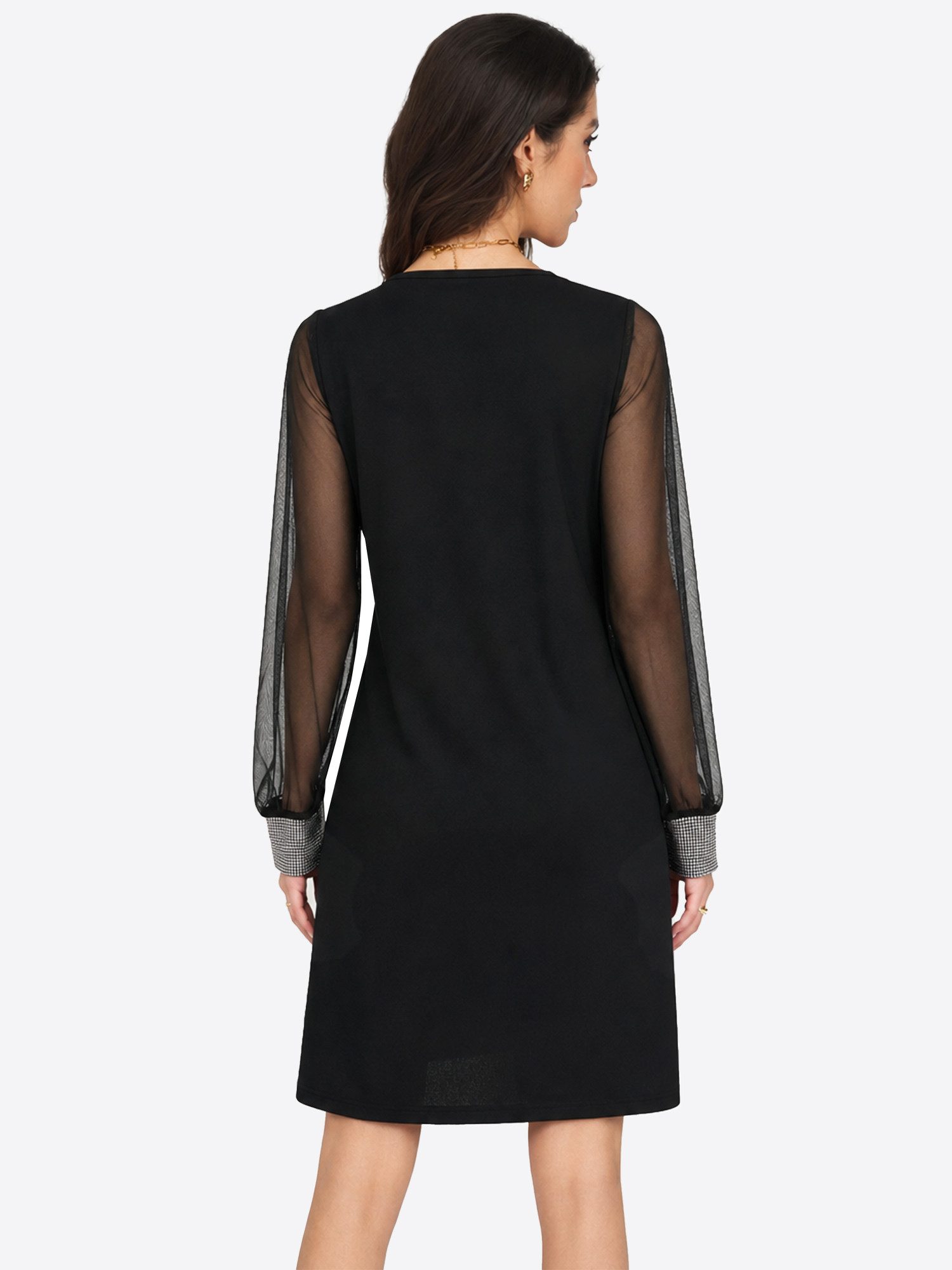 Imily Bela Cocktailkleid Damen Partykleid mit Netz-Ärmeln und Pailletten-Manschetten (Packung, 1-tlg., 1per-Pack) Muschelkragen-V-Ausschnitt