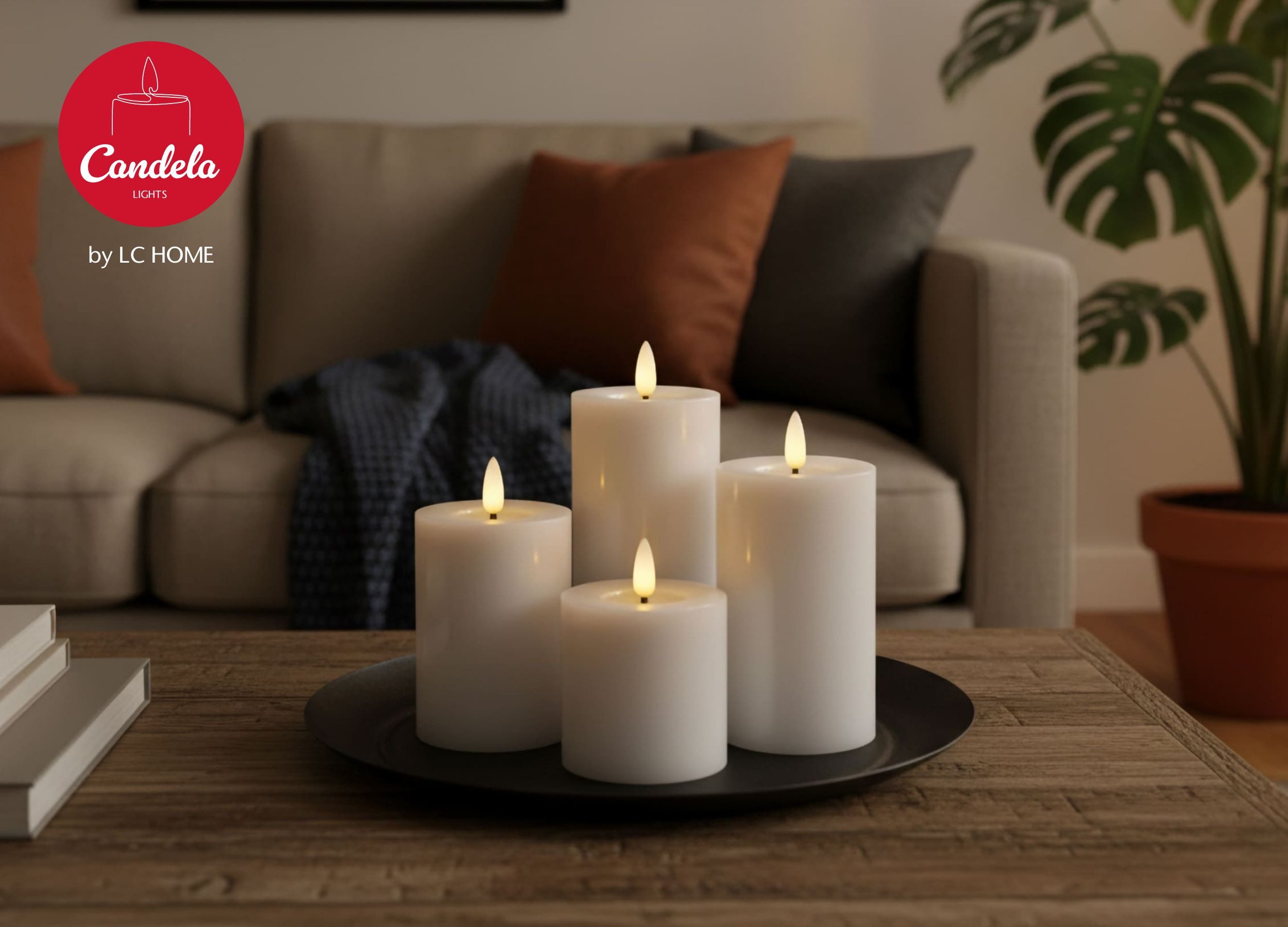 LC Home LED-Kerze Candela Lights LED Kerzen 4er Set Stumpenkerze inkl. Kerzenteller