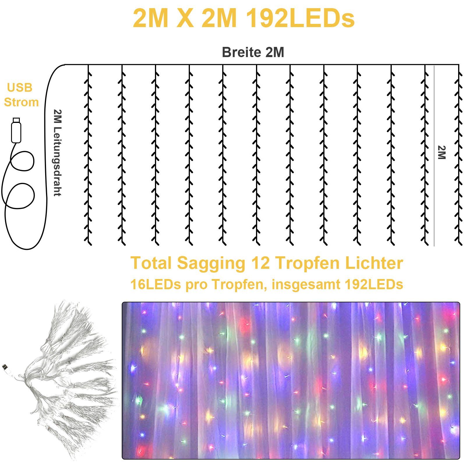 Rosnek LED-Lichtervorhang 2x2M, Weihnachten Deko USB, Schlafzimmer Multicolor wasserdicht, Fenster Wand für
