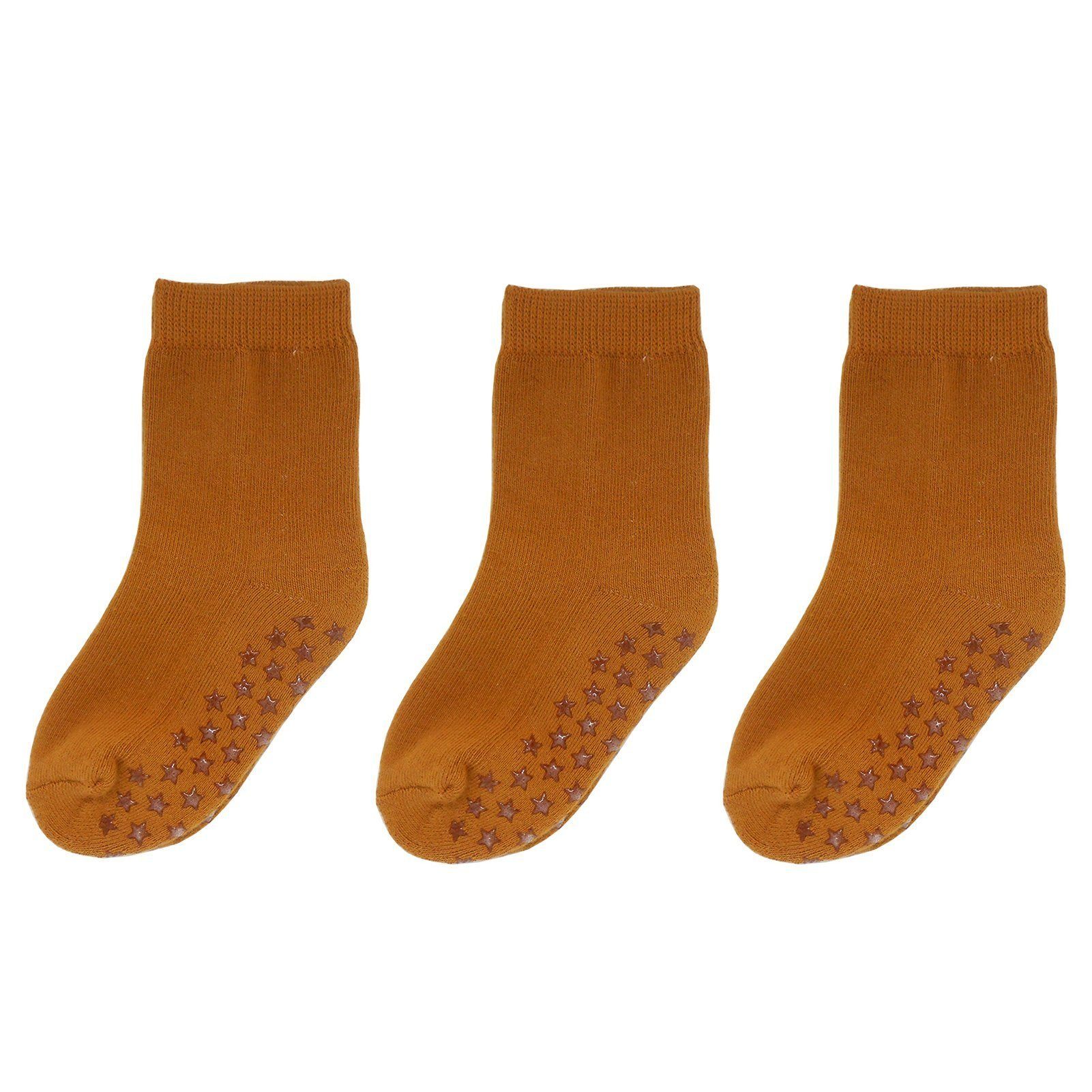 Yalion Kurzsocken Weiche Kinder socken Babysocken mit Halbplüsch braun 3-Paar (Set, 3-Paar, 3 Paar) Rutschfeste Sternen-Noppen
