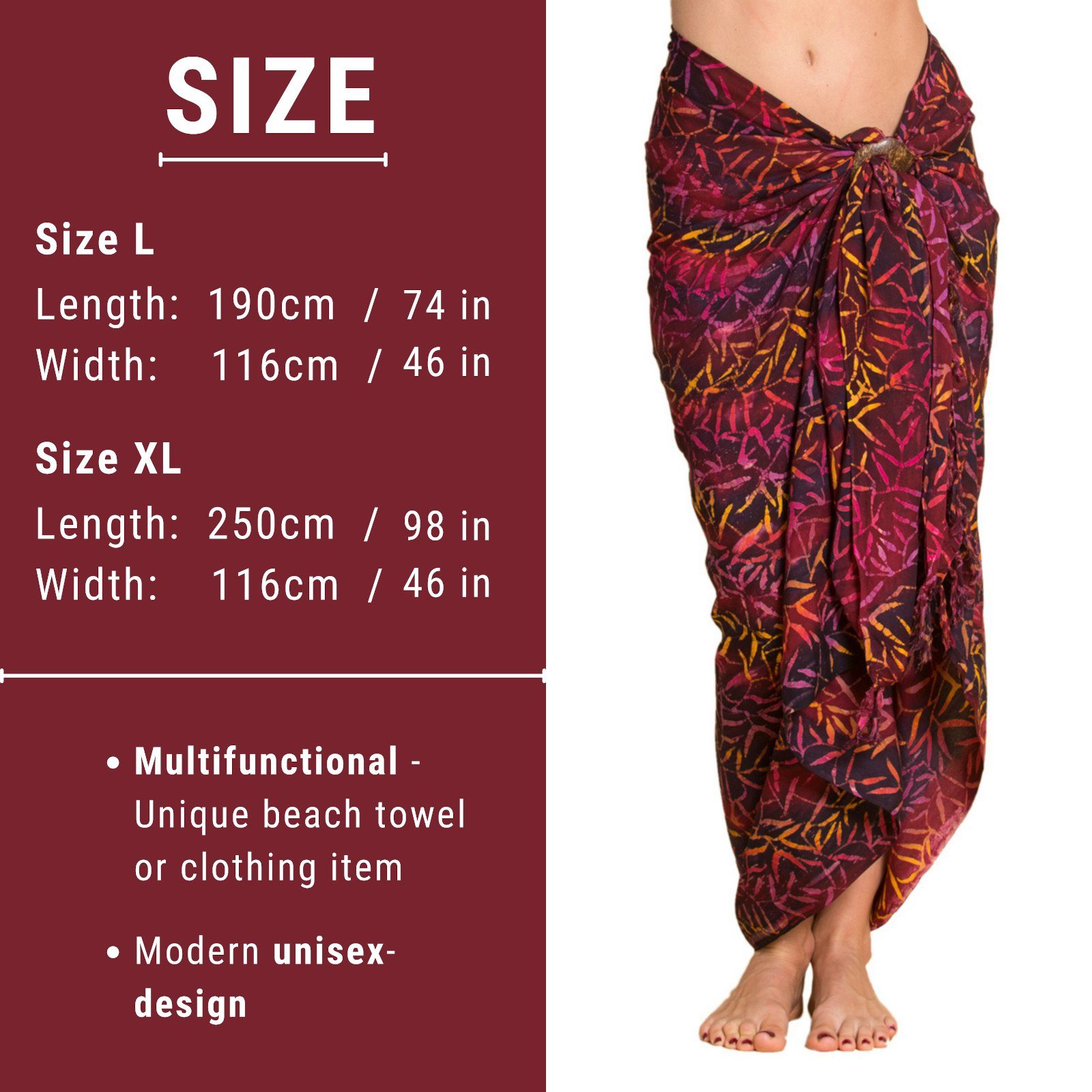 Sarong B008 Strand den Größen Pareo Cover-up Tuch Wrap auch Purpleton großen für in Überwurf Strandtuch Wachsbatik Strandkleid Bikini oder, als PANASIAM tragbar