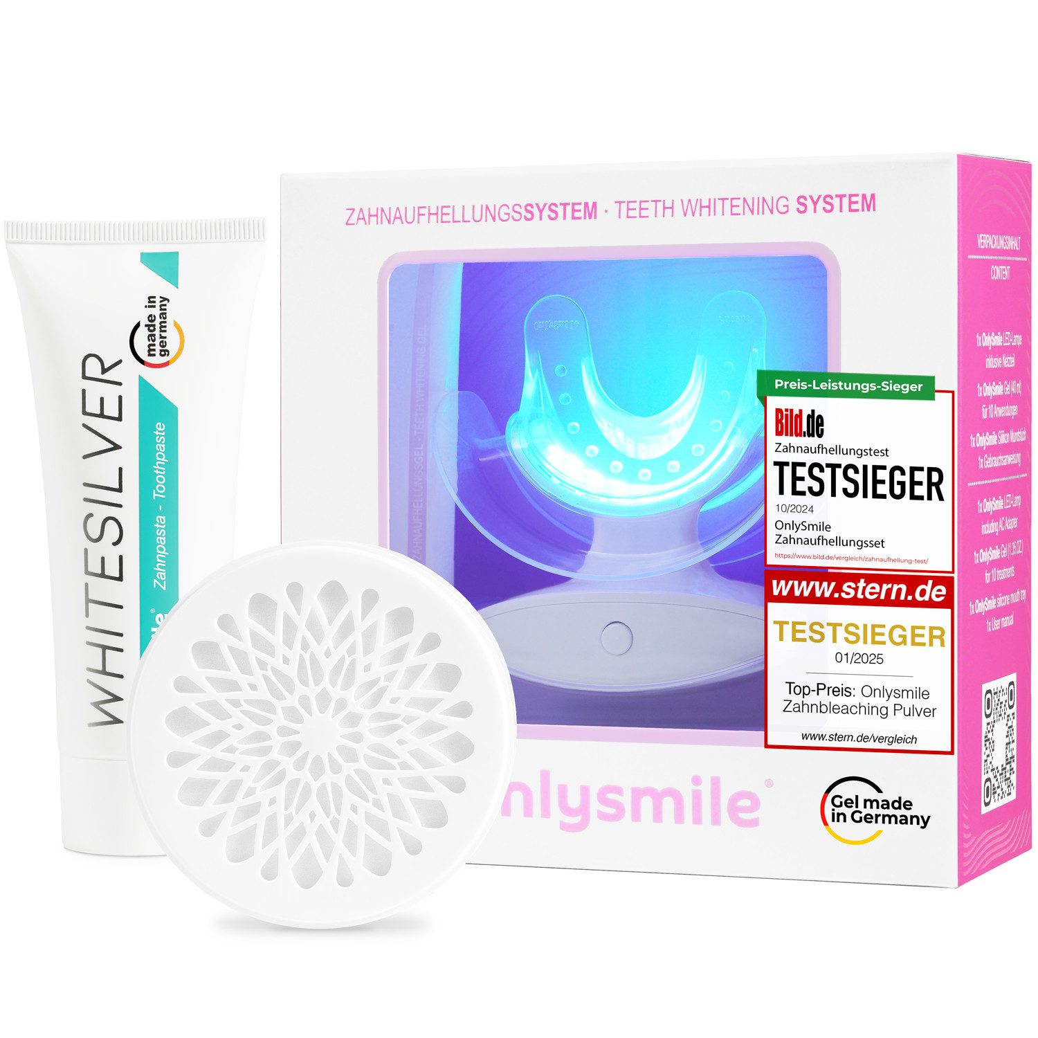 OnlySmile Zahnbleaching-Kit 360° Oral Care Bundle – Zahnbleaching Set & Zahnpasta, Enthält 1xZahnbleaching Set + 1xRefill-Gel + 1xWhiteSilver Zahnpasta