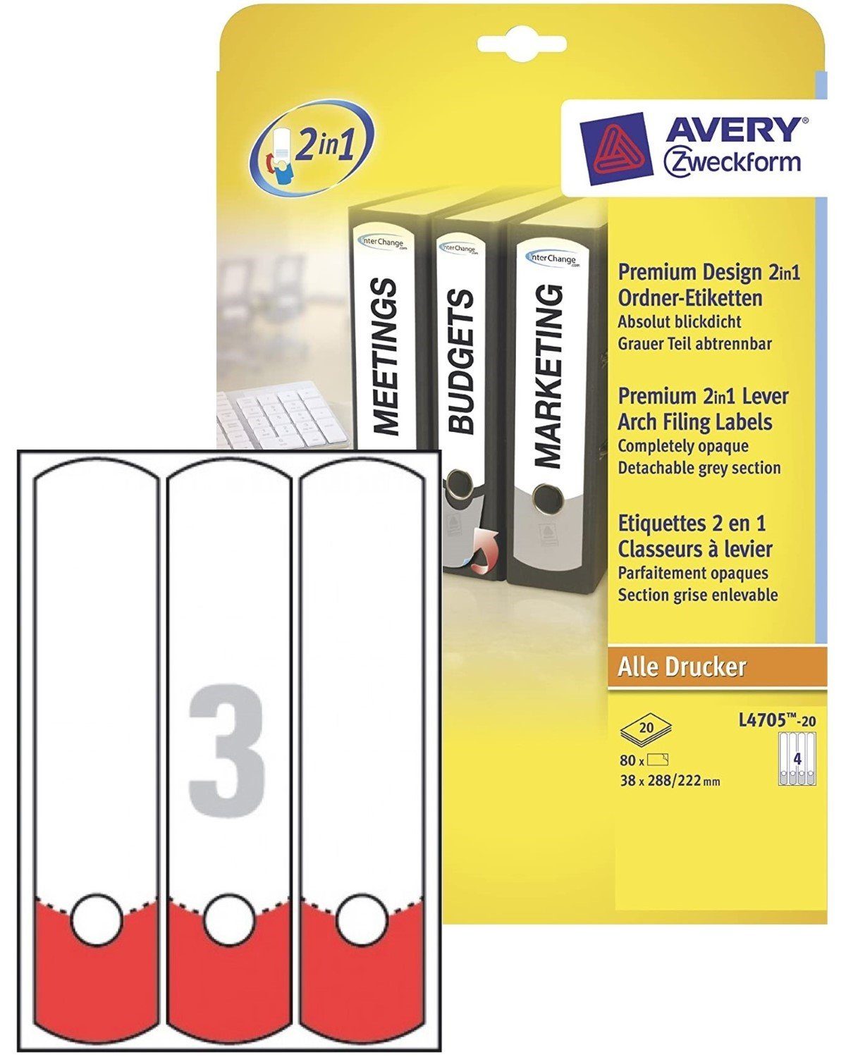 Avery Zweckform Etiketten 60x Ordner-Etiketten Breit Lang Weiß/Rot, A4 Ordnerrücken Rückenschilder Ordner-Aufkleber