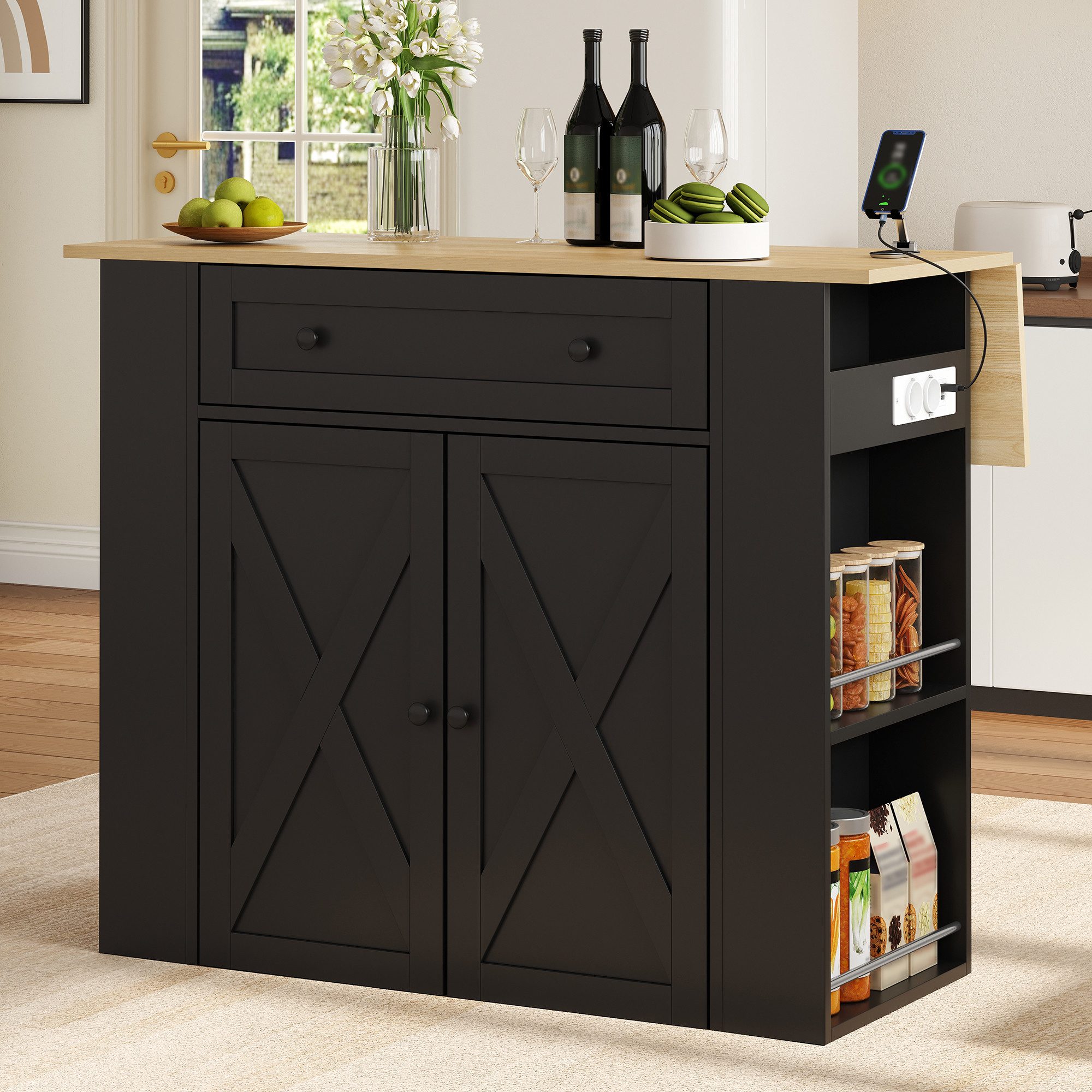 Celya Kücheninsel Küchenschrank mit klappbarer Arbeitsplatte, Steckdosen, 120×47-75×97 cm, mit 2 Türen, 1 Schubladen und offenen Seitenregalen