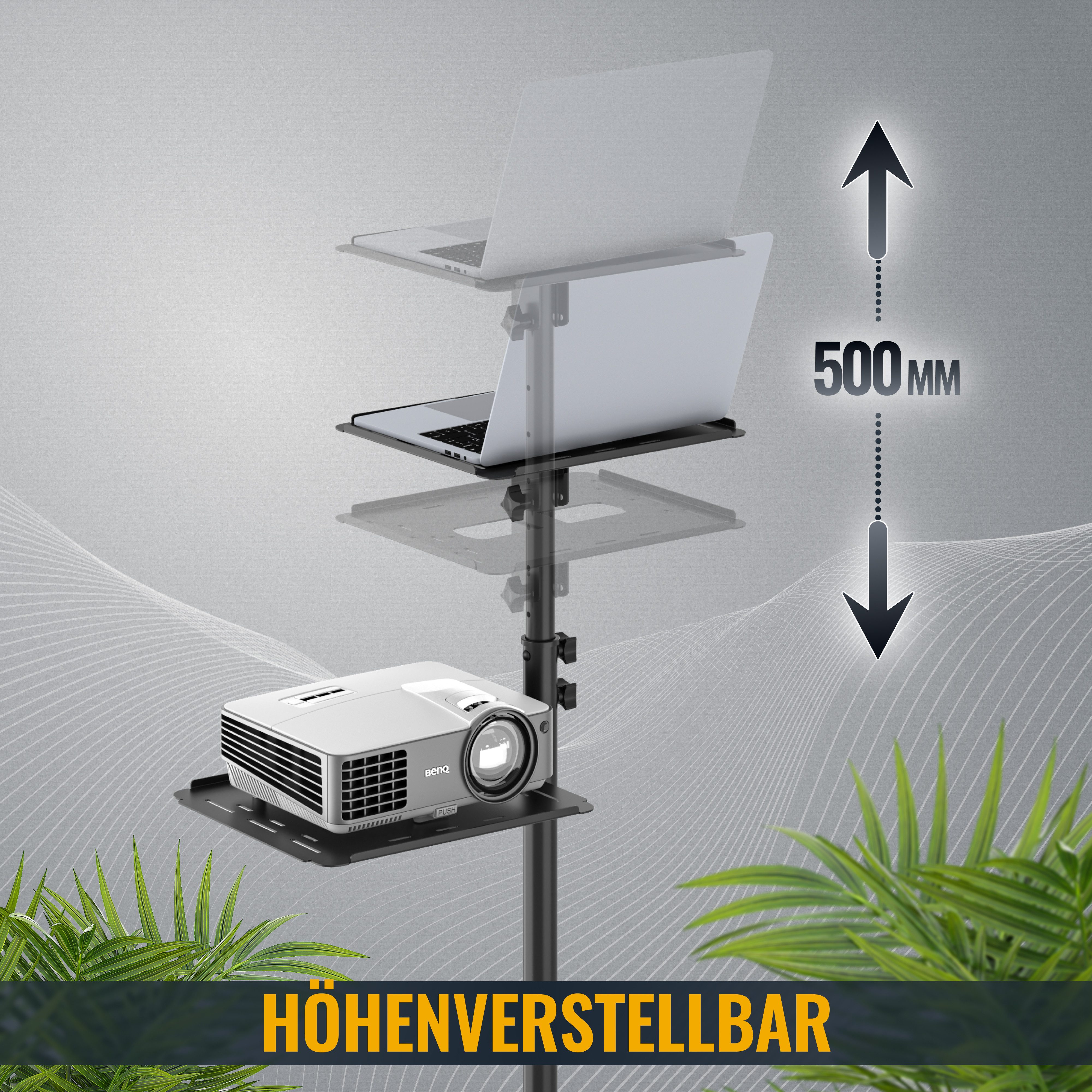 RICOO Halterung Laptop Beamer Projektor Trolley Stand CZ0800, (Abmessung Stand, max.: BxHxT: 502 mm x 1450 mm x 455 mm, 1-tlg., 10 kg (je Ablage), Beamerfläche 35 x 30cm, max. 36,3 x 30 cm, neigbar +/-12°, höhenverstellbar 950-1450mm, ausziehbar bis zu 1450 mm)