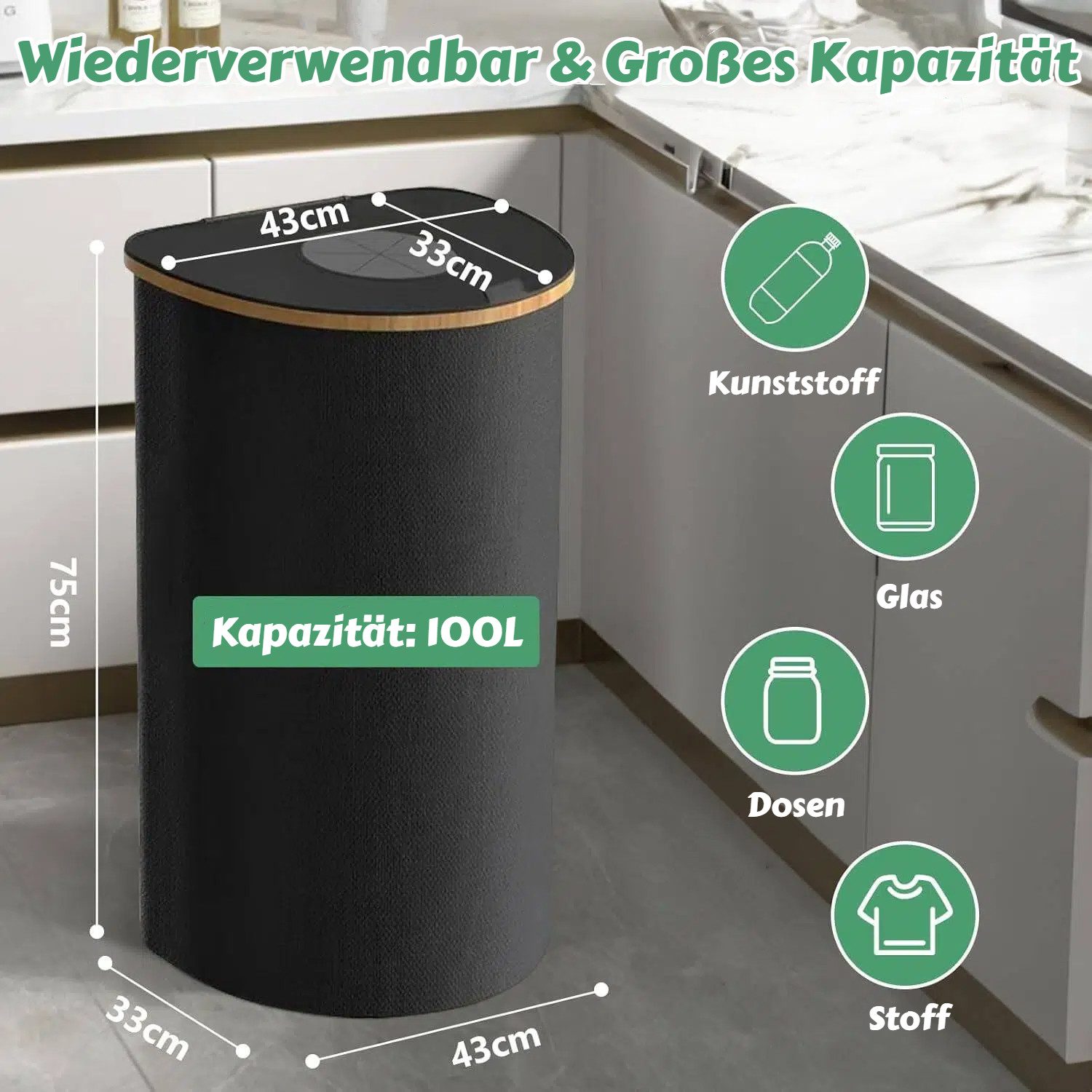 BlingBin Flaschensammler Pfandflaschen Sammelbehälter,Flaschenkorb Mit Abnehmbaren Tragetaschen (1er Set, 1 St., Produktabmessungen: 43 × 33 × 75 cm, Fassungsvermögen: 100 L), Pfandflaschen Behälter Mit Deckel und Loch, Flaschensammler Leergut
