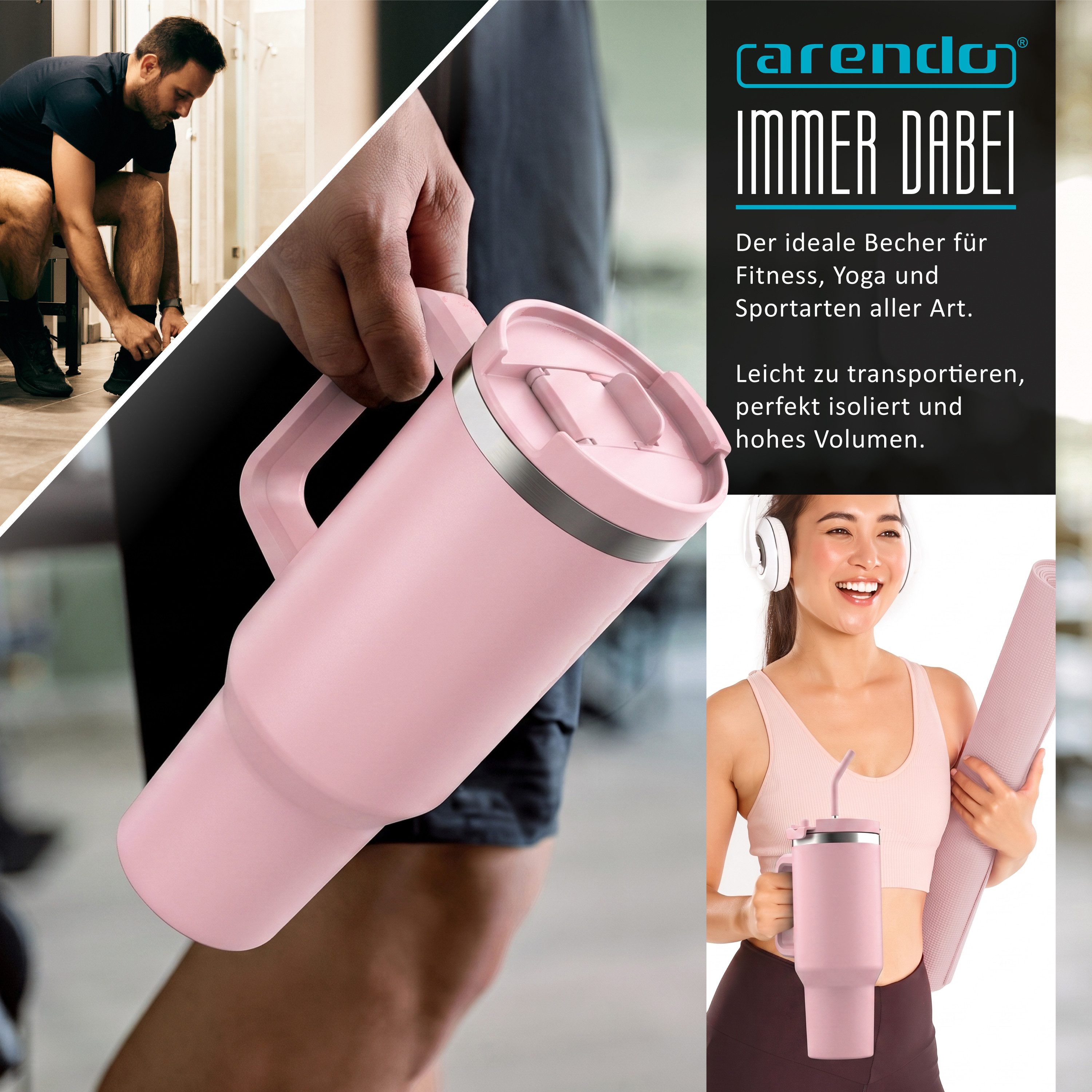 Arendo Thermobecher Tumbler 1200 ml, Becher mit Deckel, Henkel und Strohhalm, Thermal Mug, 1-tlg., Edelstahl, kohlensäuregeeignet, auslaufsicher, doppelwandig,  – Bild 5 von 5