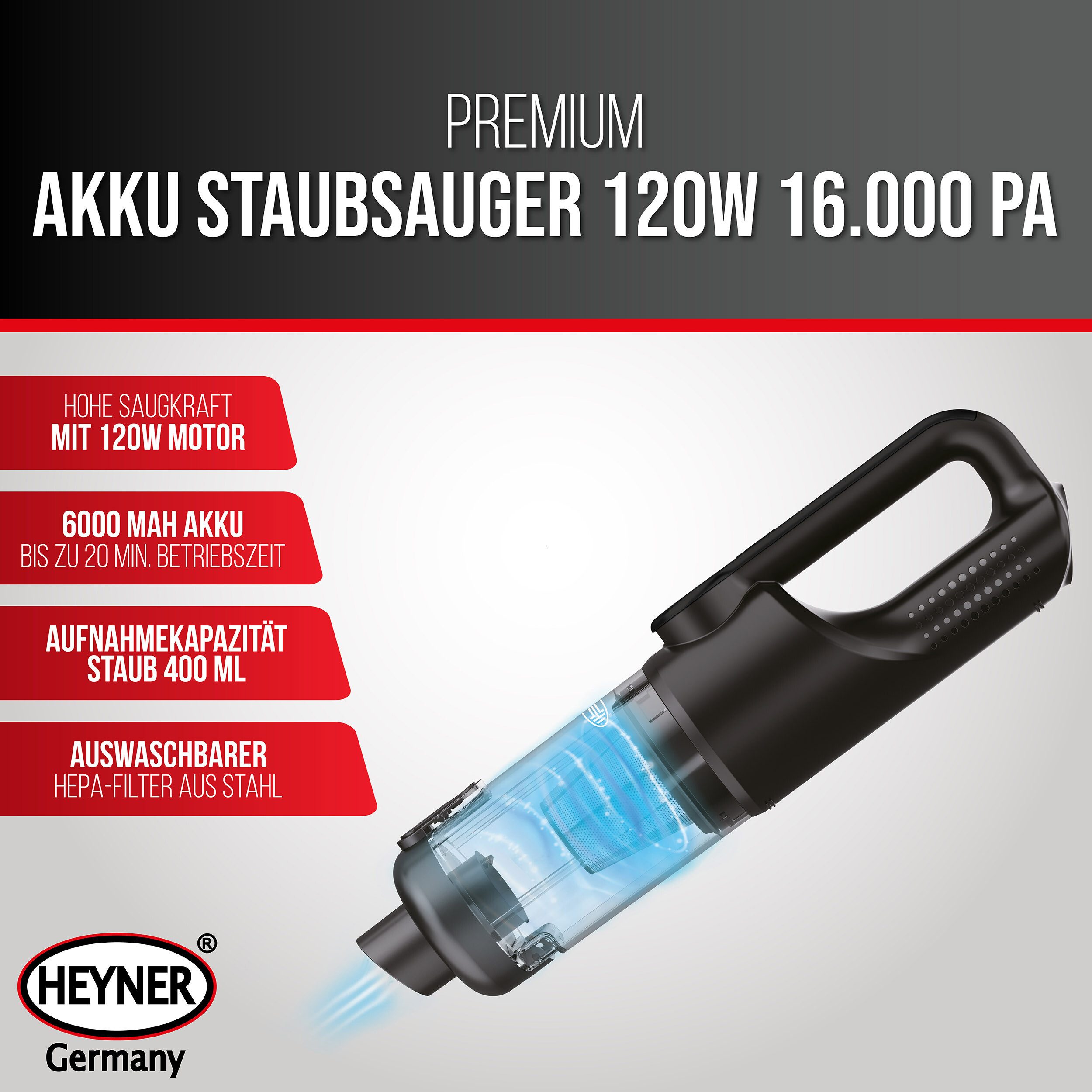 HEYNER Handstaubsauger Akku Staubsauger 120W 16.000 Pa Auto Gebläse Hepa-Filter bürstenlos, 120 W, Beutellos mit Filter