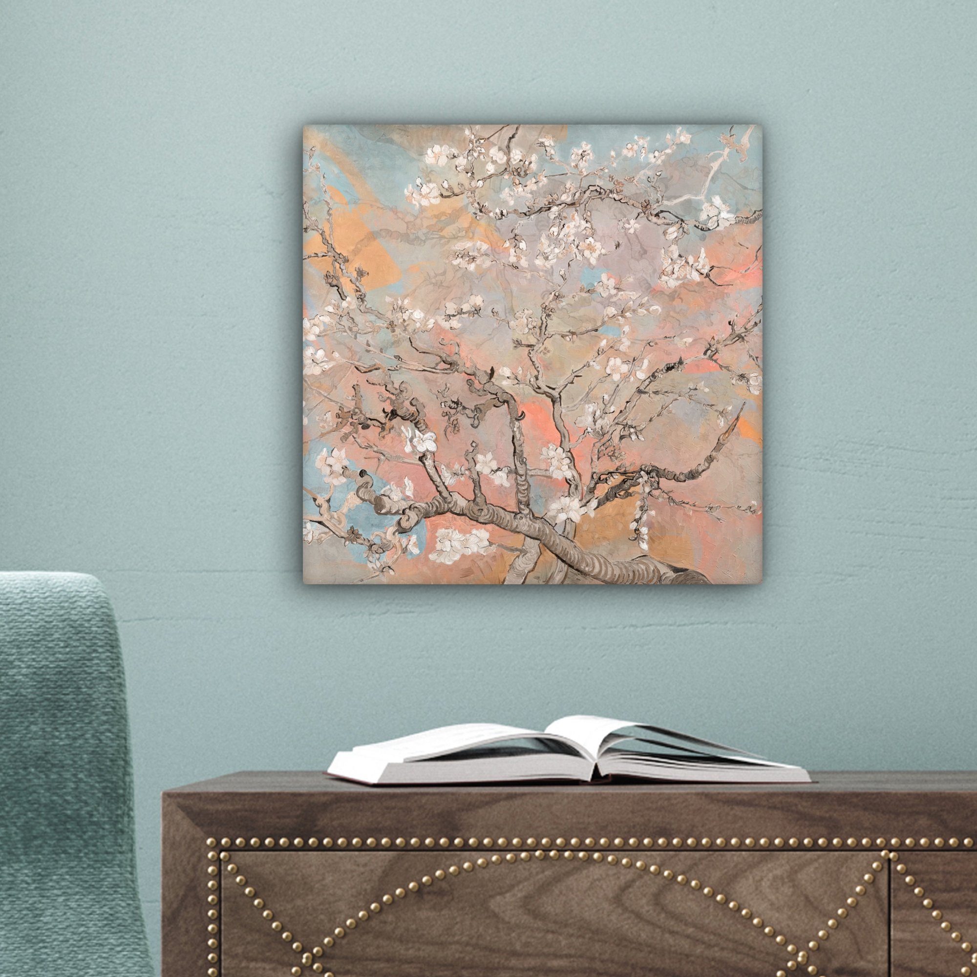 Kunst - Leinwandbild Van cm 20x20 - Bilder Leinwand Wohnzimmer Mandelblüte Gogh (1 für St), Pastell, - Schlafzimmer, OneMillionCanvasses®
