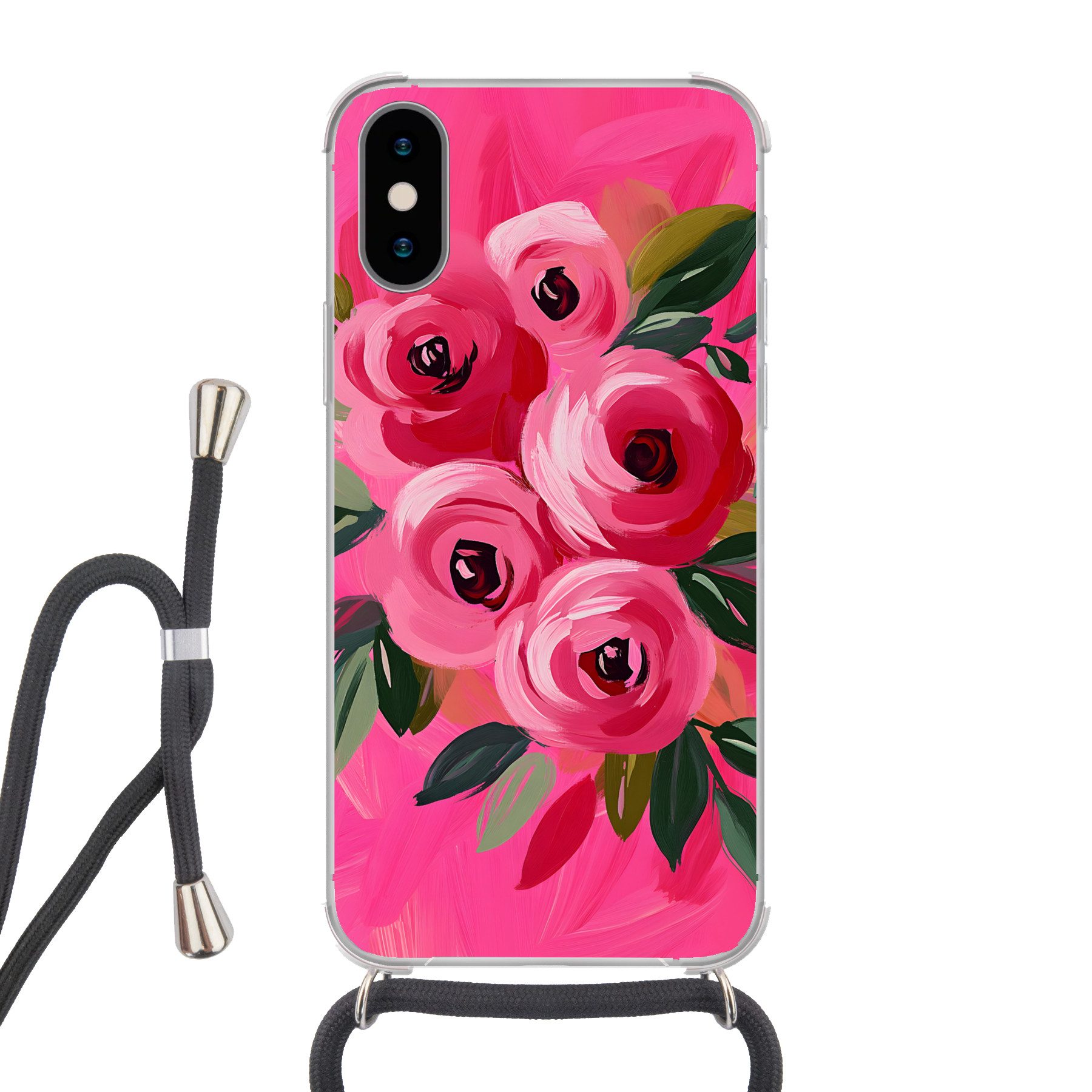 MuchoWow Handyhülle für Apple iPhone X Blumen - Farbe - Rosa, Tragbare Handyhüllen mit Kette zum umhängen, Handykette Handyband