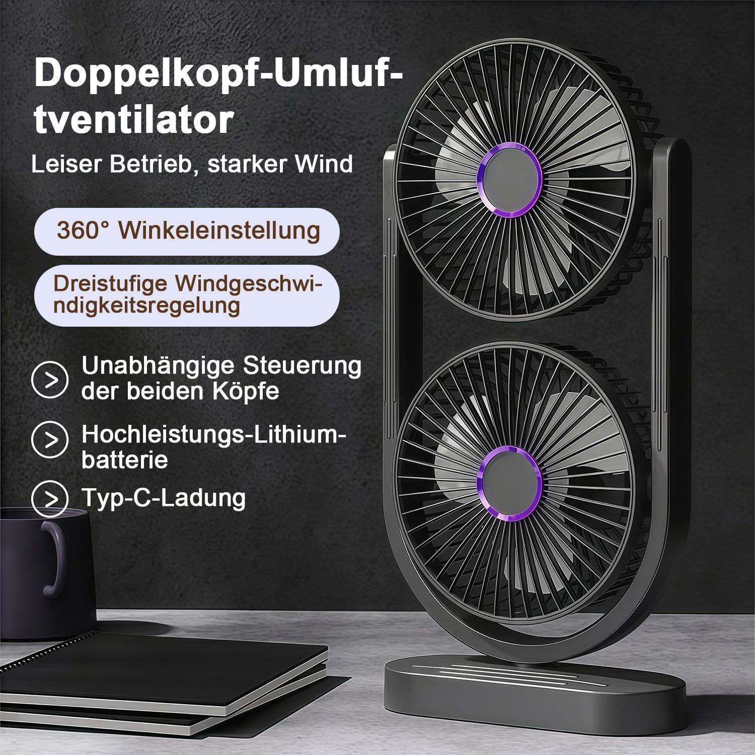 MOPUEA Standventilator 360° Drehbar Doppelkopf Luftzirkulationsventilator USB Tischventilator, Mini Standventilator Luftzirkulation Leise USB Aufladbar