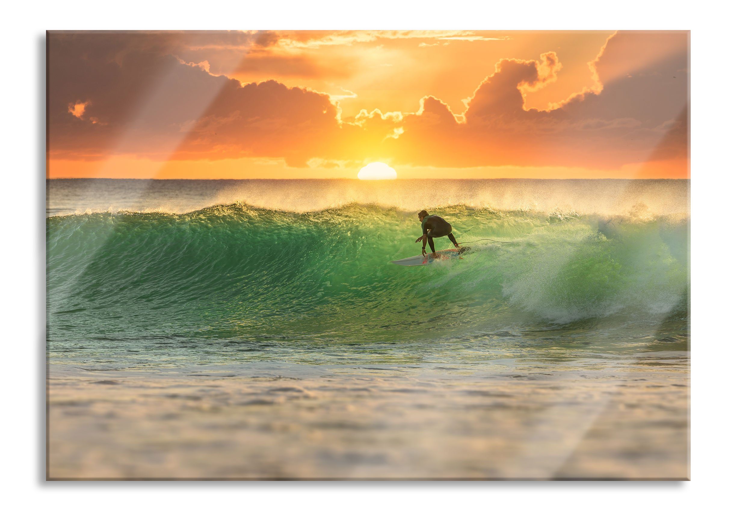 Glasbild Surfen im Sonnenuntergang