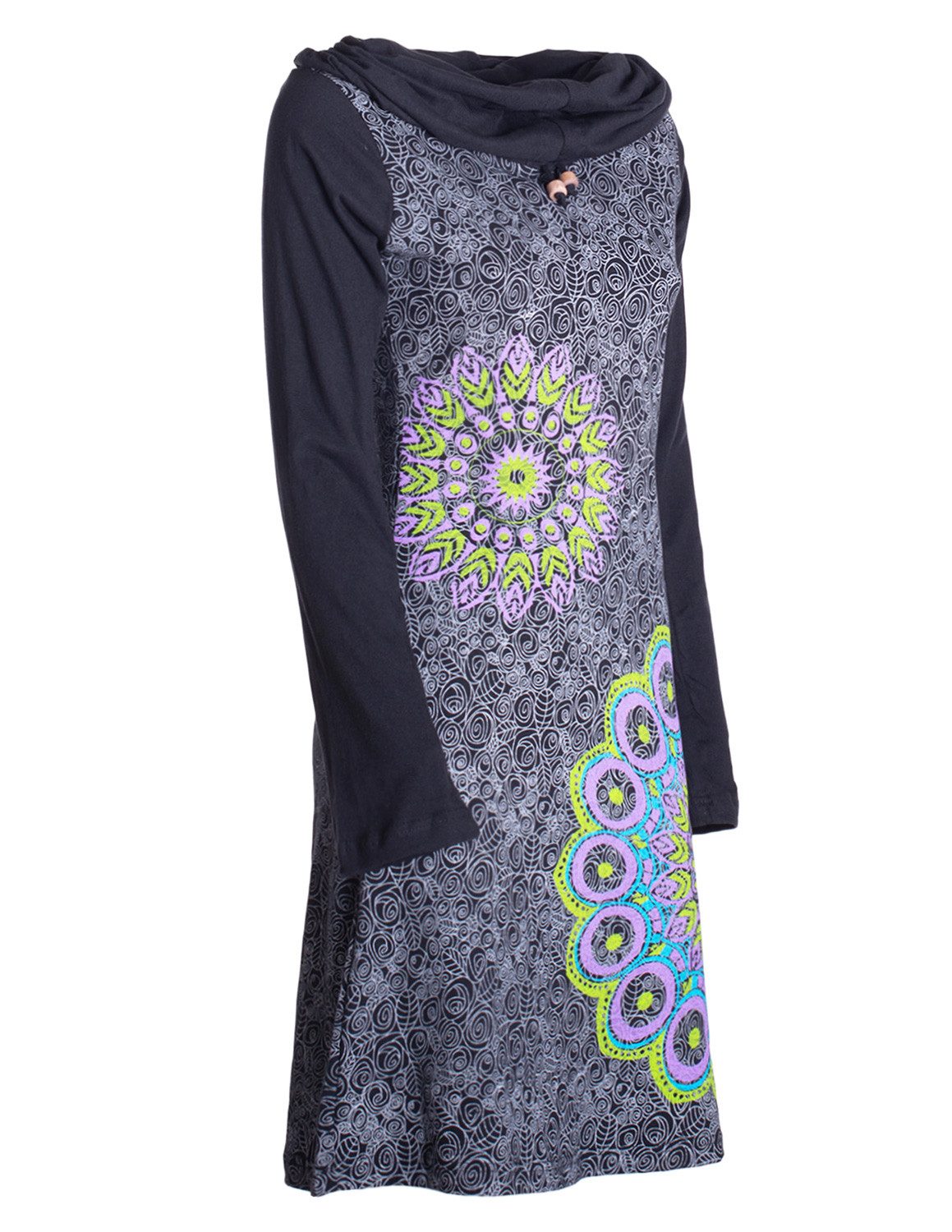 Vishes Tunikakleid Damen Mandala-Kleid Langarm-Shirtkleid Schal-Kragen Baumwollkleid Alternative Bekleidung, Festival, Hippie, Goa Style
