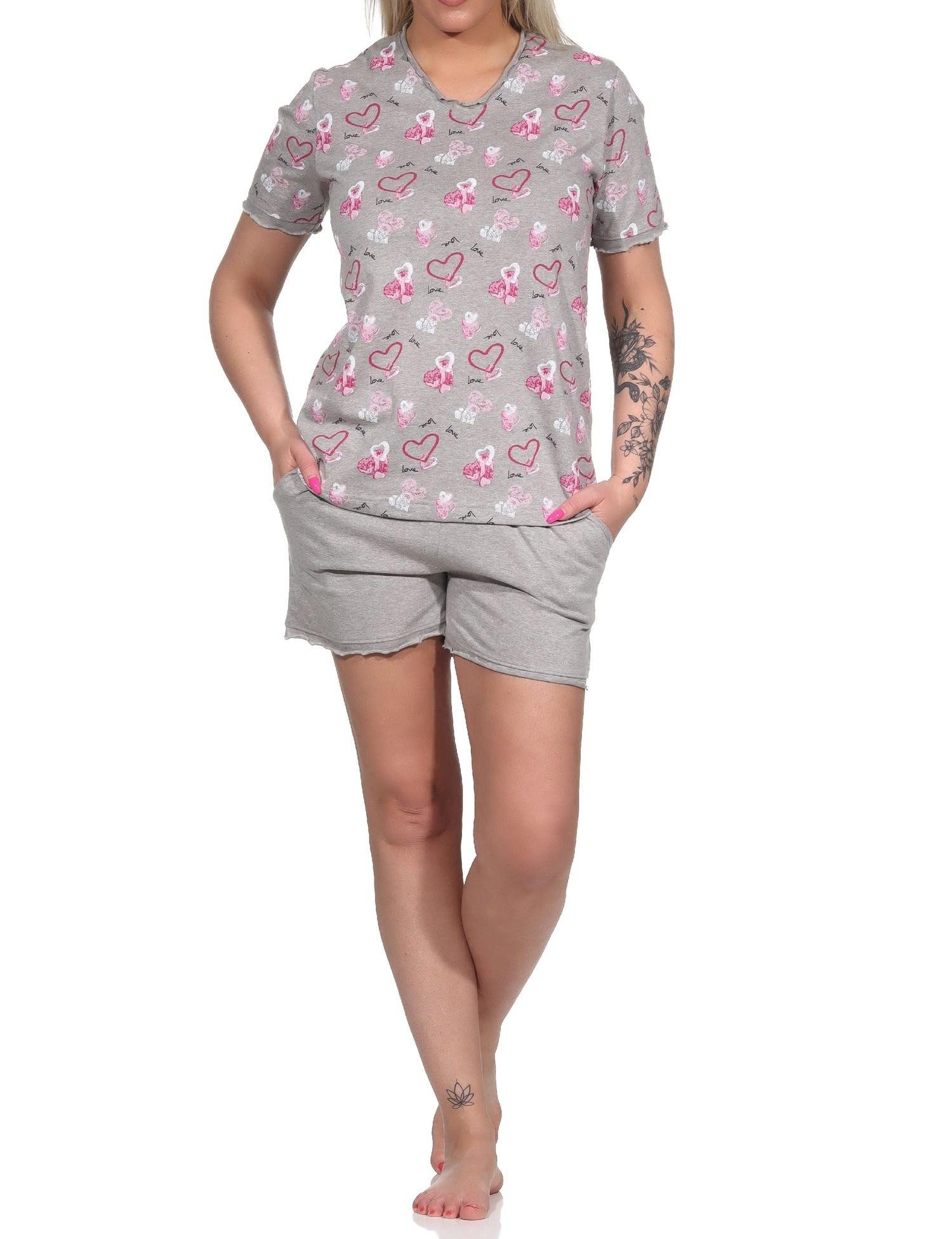 Pyjama Damen kurzarm Shorty Schlafanzug in Herz Optik - auch in Übergröße