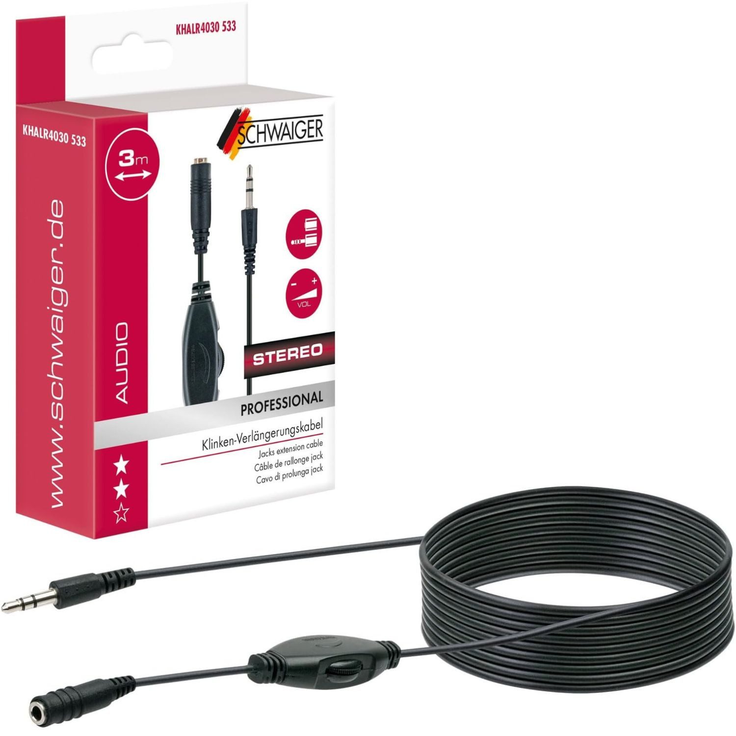 Schwaiger 3,5mm Klinken-Verlängerung 3m Lautstärkenregler Audio-Kabel, 3,5mm Klinke, 3,5mm Klinke (300 cm), Klinke Verlängerungskabel Fernbedienung TV Kopfhörer Klinke Stereo AUX