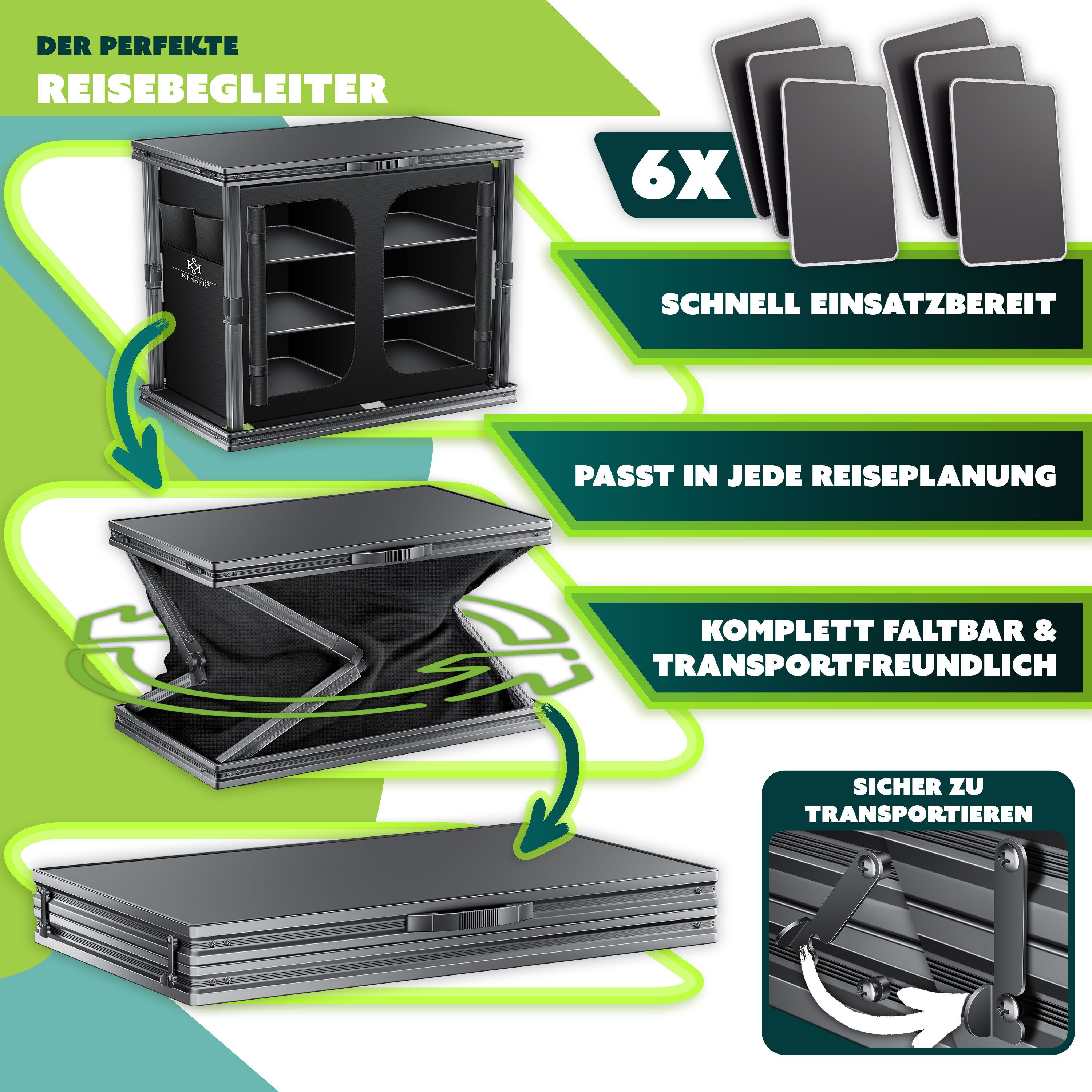 KESSER Campingschrank mit Aluminiumgestell Campingküche faltbar 84x80cm 6-Fachböden (Küchenschrank inkl. 4er Becherset, Seitentaschen & Fliegengitter) Outdoor C – Bild 4 von 5