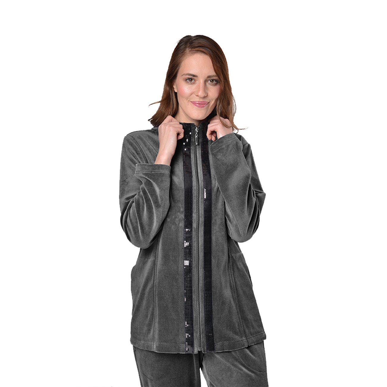 RAIKOU Hausanzug Damen Velours Nicki-Anzug Freizeitanzug Hausanzug (2 tlg) zwei glänzende, schwarze Paillettenreihen