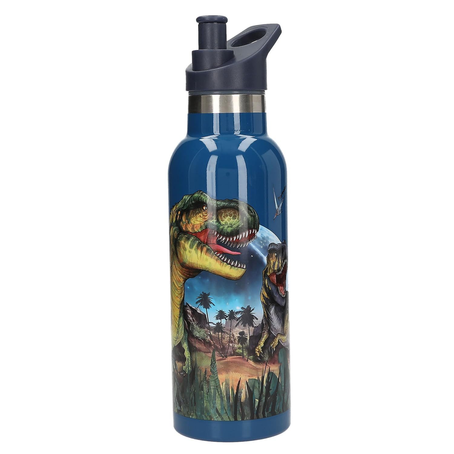 Depesche Schmuckset Dino World Galaxy Trinkflasche Dunkelblau 500 ml Edelstahl, Dinosaurier Motiv, Sportflasche – Bild 3 von 4