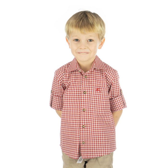OS-Trachten Trachtenhemd Slamo Langarmhemd für Jungen mit aufgesetzter Brusttasche mit Hirsch-Stickerei