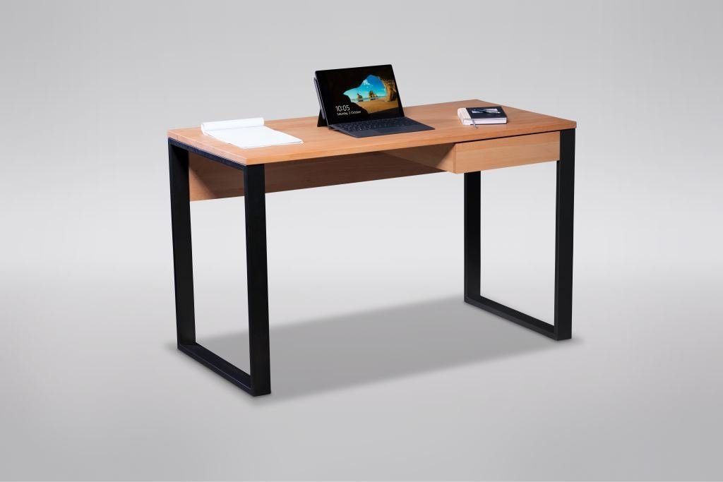 Tischplatte Höhe Metall Schreibtisch Kermit, Massivholz in 1 120 Gestell Schubkasten. mit möbelando aus cm geölt, Schwarz Schreibtisch, in 75 Kernbuche Breite 60 cm, cm, Tiefe Moderner aus