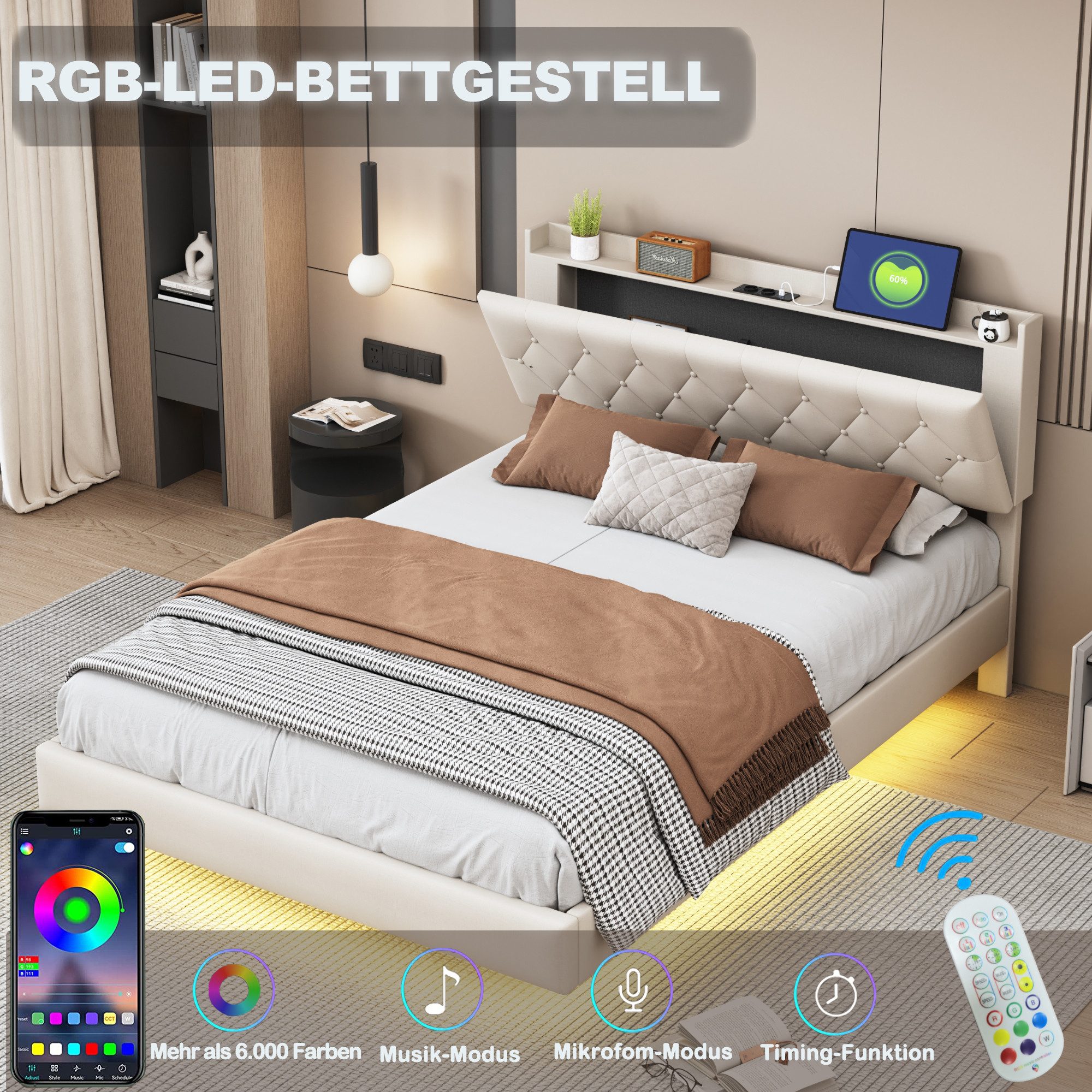 STILVORA Polsterbett 140×200 Doppelbett mit USB und LED Licht,Bettgestell o günstig online kaufen