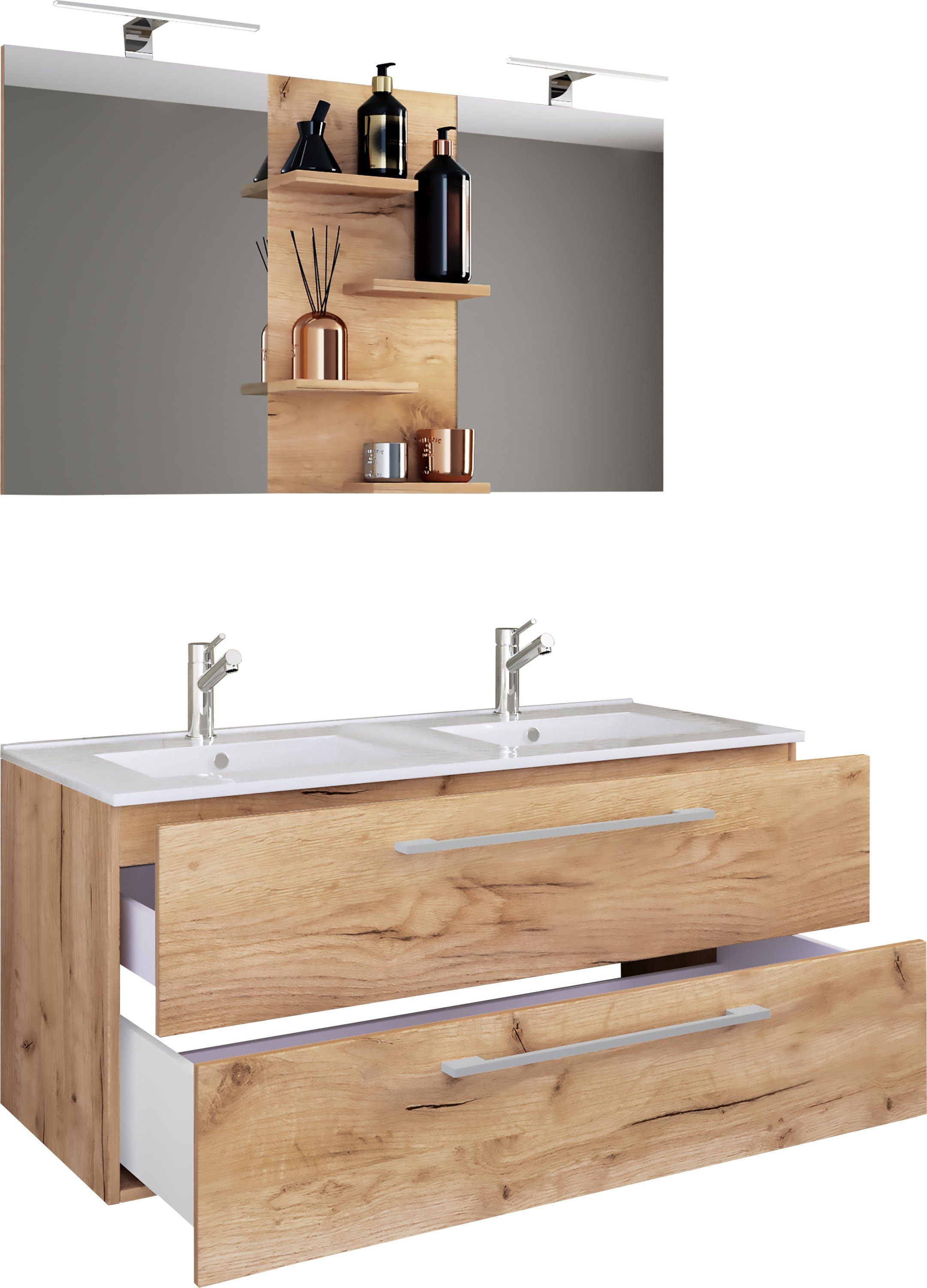 VCM Waschtisch 3tlg-Budasi 128x112x46cm (Set, 3-St., 1x Unterschrank 1x Waschbecken 1x Spiegel)