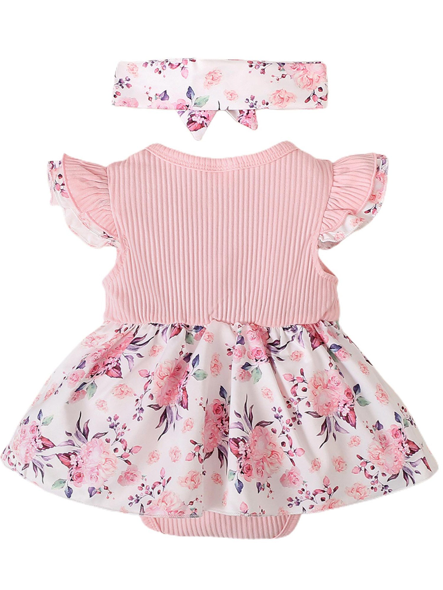 Gluckids Strampler Neugeborenes Kurzarm Blumen Strampler Outfits Baby Mädchen Body-Klied (Strampler + Stirnband Sets), 2-tlg) Sommer Overall Babykleidung Säugling Rüschen Strampler-Kleid+Stirnband