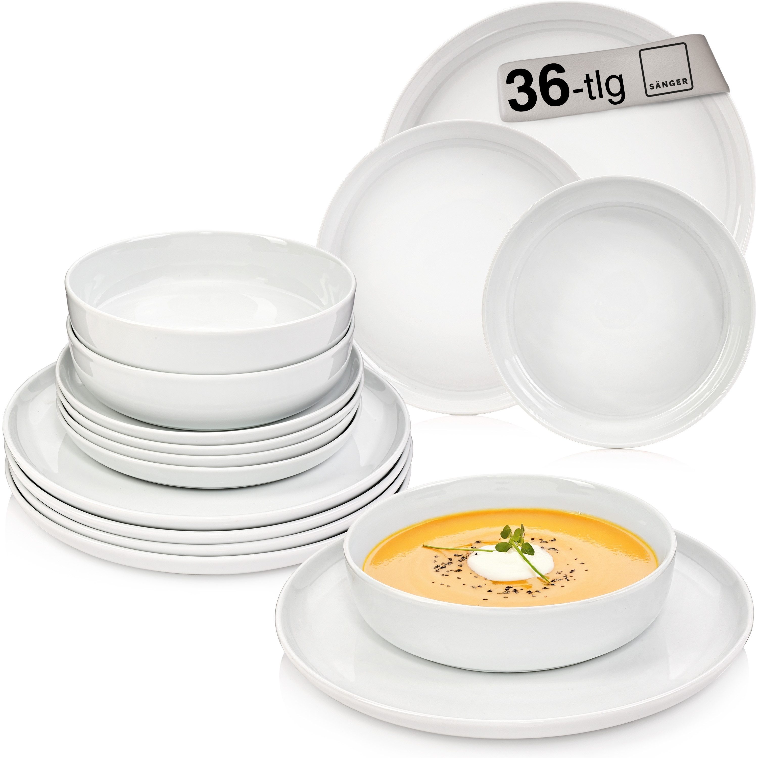 SÄNGER Tafelservice Marlo Geschirrset (36-tlg), 12 Personen, Porzellan, Marlo, Weiß, erweiterbar, Premium Collection