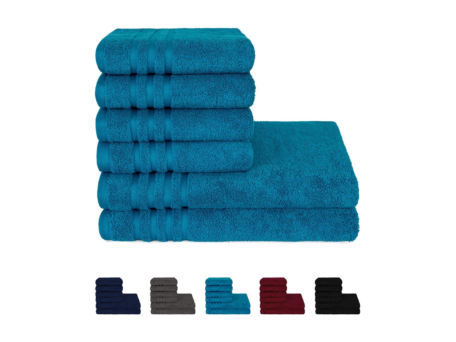 Rapp Badaustattung Handtuch Set Handtuch-Duschtuch-Set petrol, Walkfrottee (Set, 6-St), Handtücher mit Bordüre Badetuch Duschtuch in Uni-Farben 100% Baumwolle
