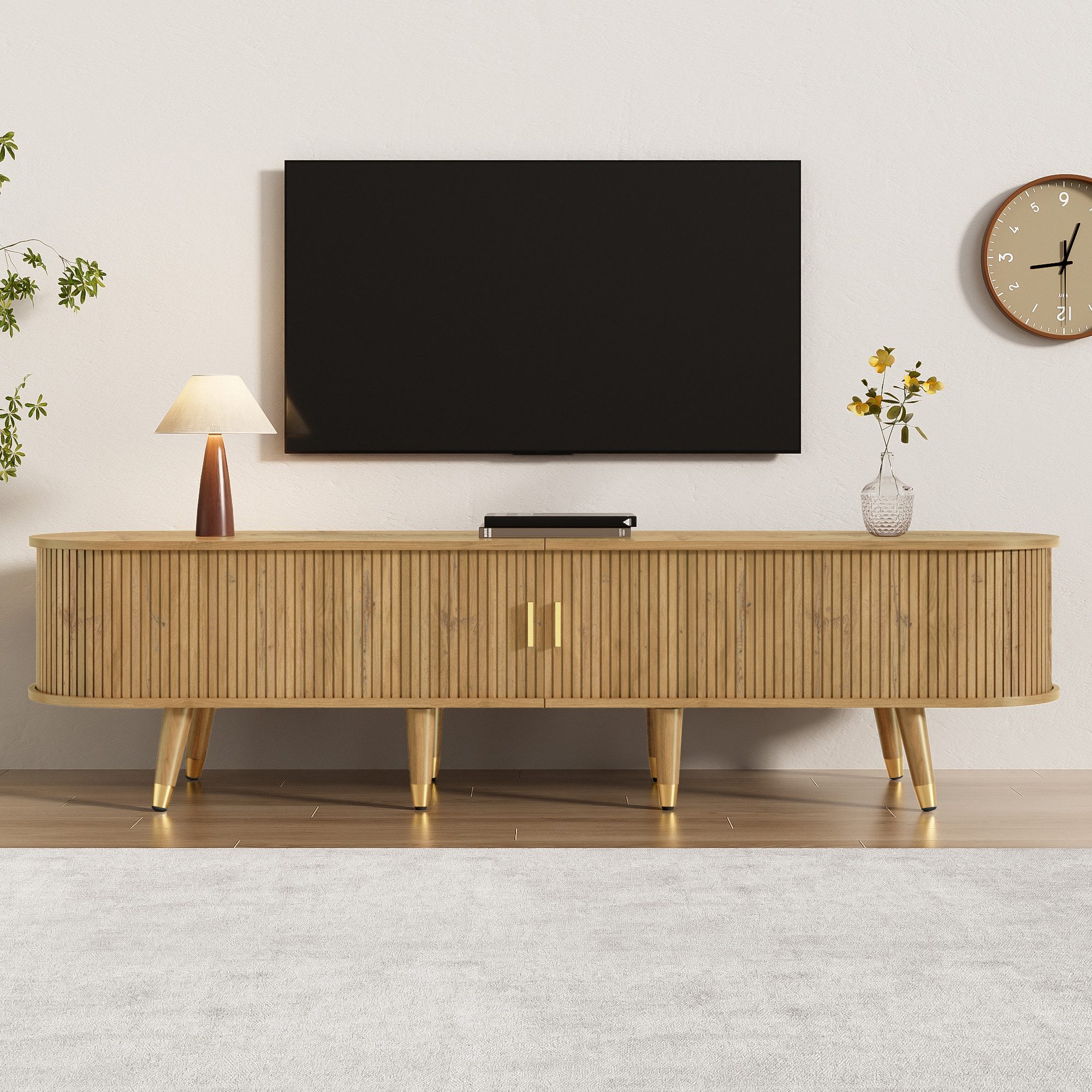 KLAM HOME Lowboard TV-Schrank 175 cm mit Rattan-Schiebetür, Walnussoptik & viel Stauraum (mit Schubladen & Schrank – natürliches Design), Landhausstil Fernsehtisch aus MDF mit offenen Fächern