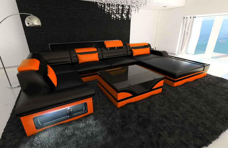 Sofa Dreams Wohnlandschaft Sofa Leder Mezzo U Form Ledersofa, Couch, mit LED, wahlweise mit Bettfunktion als Schlafsofa, Designersofa