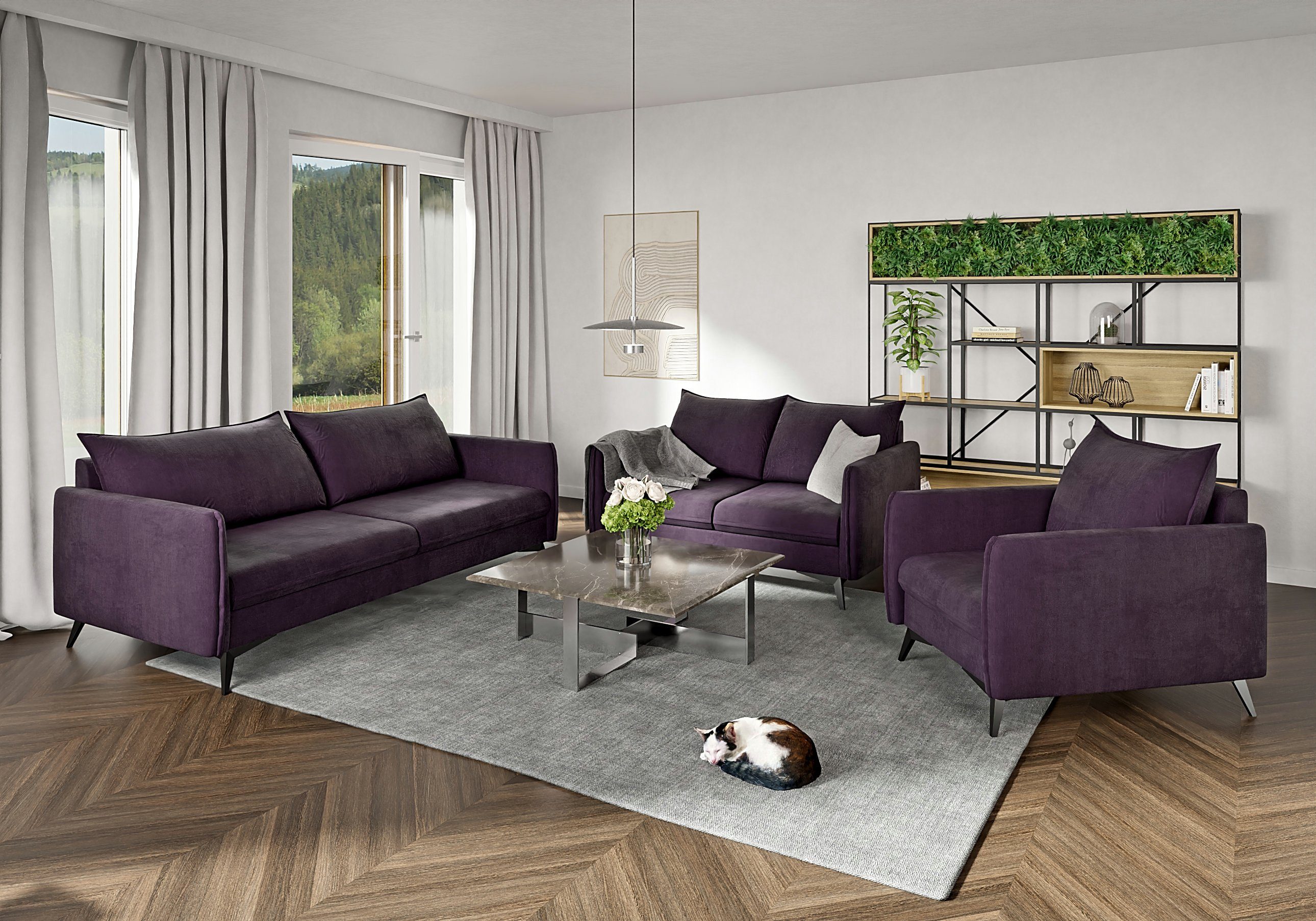 mit Möbel 3+2+1 Polstergarnitur Wellenfederung Sessel), Lila Füßen, S-Style 3-Sitzer-Sofa, Metall 1x 1x mit Modernes Schwarz (1x Azalea 2-Sitzer-Sofa,