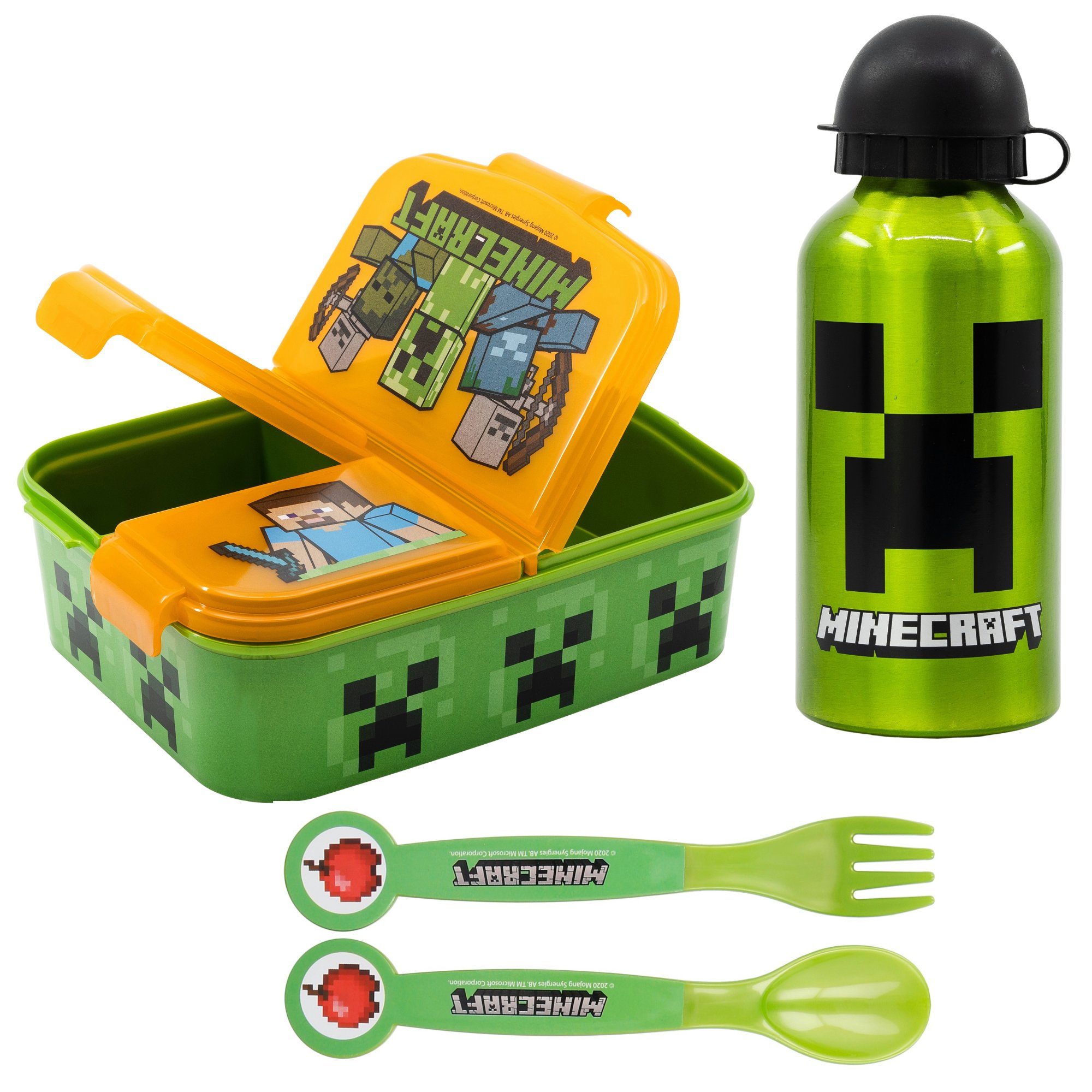 Minecraft Lunchbox Minecraft Creeper Kinder 4 tlg. Set, (4-tlg), 3 Kammern Brotdose Gabel Löffel Alu-Trinkflasche | Lunchboxen