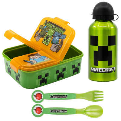 Minecraft Lunchbox Minecraft Creeper Kinder 4 tlg. Set, (4-tlg), 3 Kammern Brotdose Gabel Löffel Alu-Trinkflasche